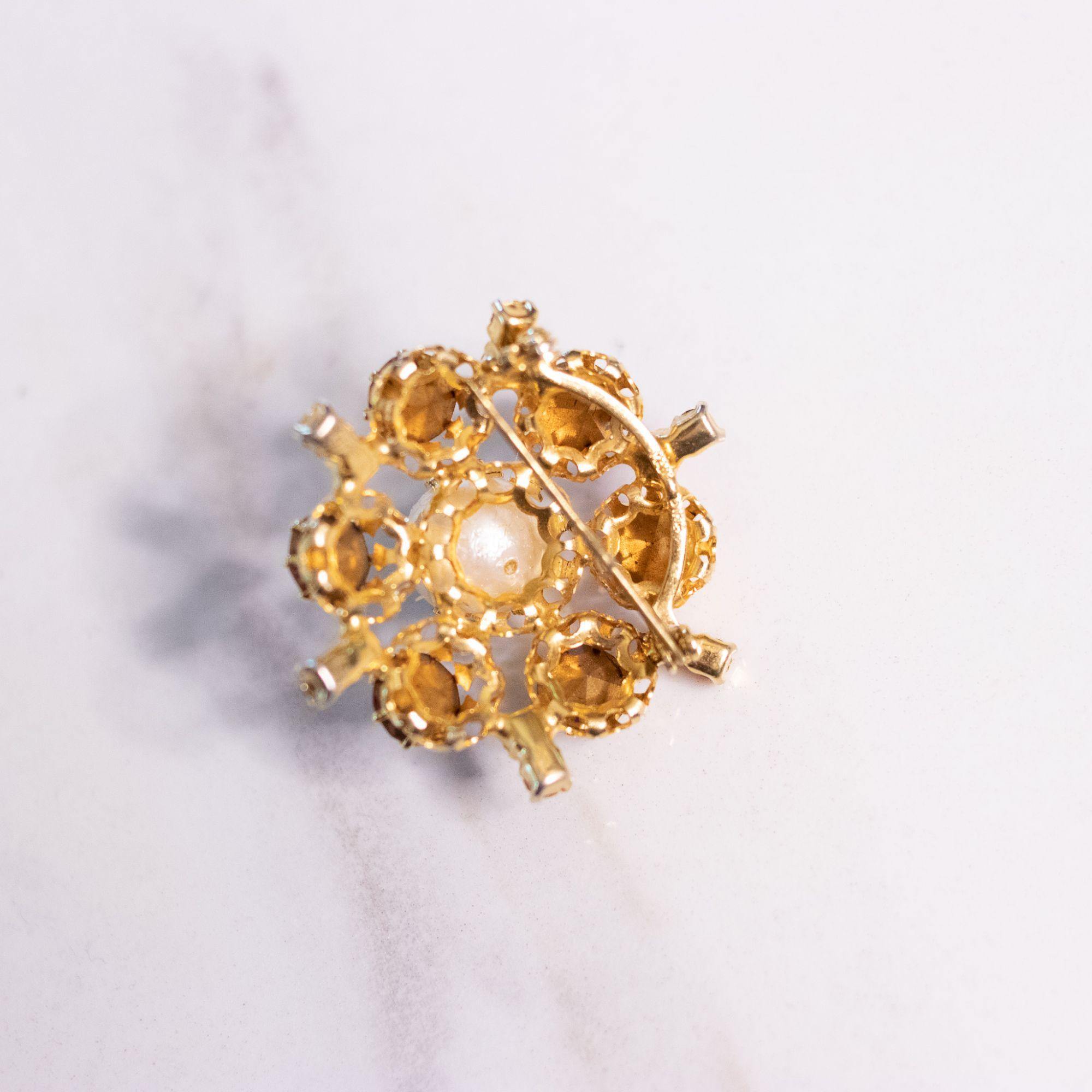 Vintage Pink, Red Rhinestone, Faux Pearl Brooch Made in Austria by Austria - Vintage Meet Modern Vintage Jewelry - Chicago, Illinois - #oldhollywoodglamour #vintagemeetmodern #designervintage #jewelrybox #antiquejewelry #vintagejewelry