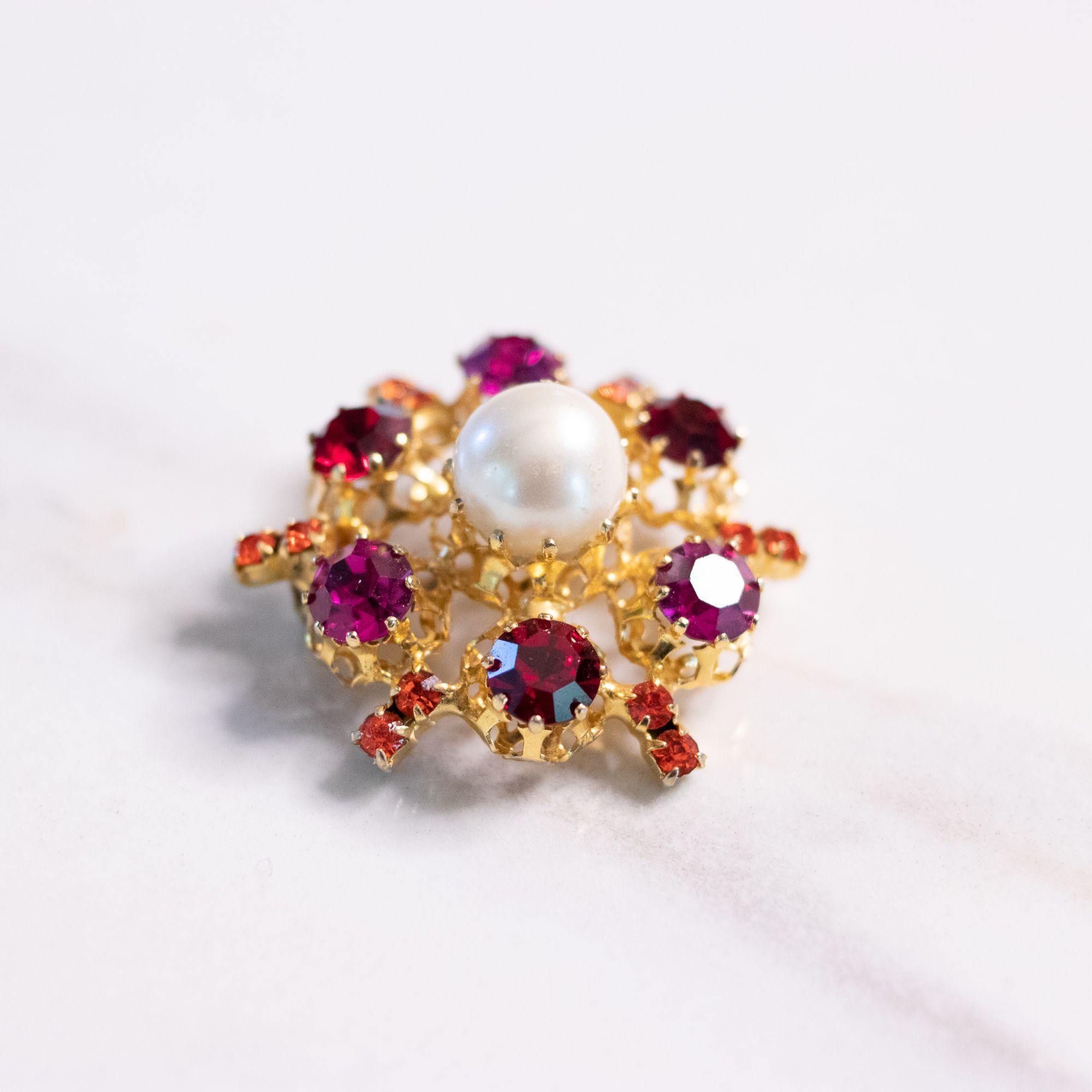 Vintage Pink, Red Rhinestone, Faux Pearl Brooch Made in Austria by Austria - Vintage Meet Modern Vintage Jewelry - Chicago, Illinois - #oldhollywoodglamour #vintagemeetmodern #designervintage #jewelrybox #antiquejewelry #vintagejewelry