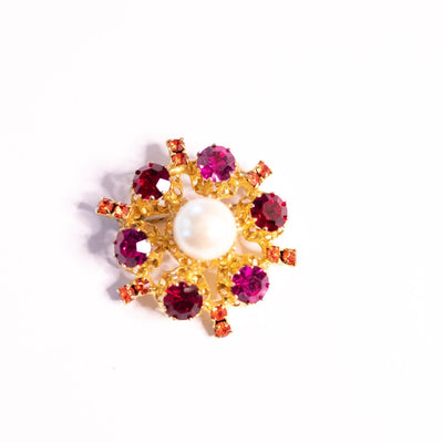 Vintage Pink, Red Rhinestone, Faux Pearl Brooch Made in Austria by Austria - Vintage Meet Modern Vintage Jewelry - Chicago, Illinois - #oldhollywoodglamour #vintagemeetmodern #designervintage #jewelrybox #antiquejewelry #vintagejewelry