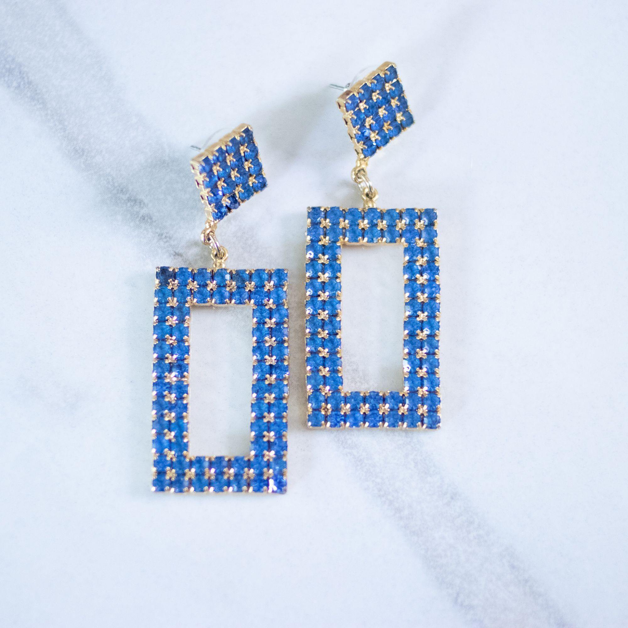 Vintage Blue Rhinestone Geometric Dangling Statement Earrings by Unsigned Beauty - Vintage Meet Modern Vintage Jewelry - Chicago, Illinois - #oldhollywoodglamour #vintagemeetmodern #designervintage #jewelrybox #antiquejewelry #vintagejewelry