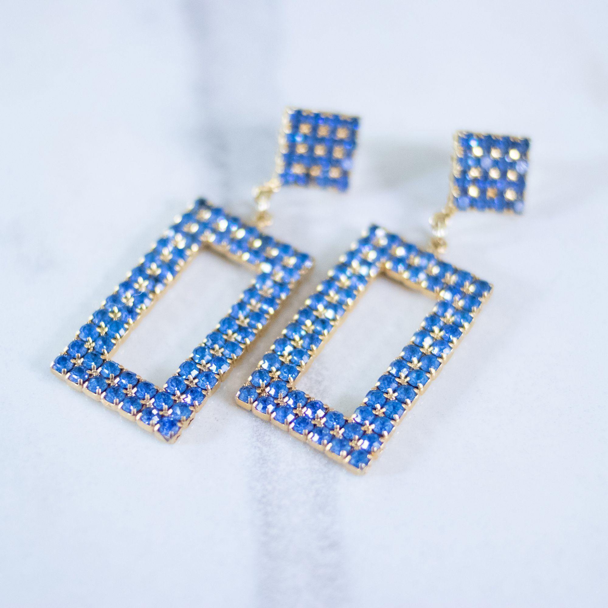 Vintage Blue Rhinestone Geometric Dangling Statement Earrings by Unsigned Beauty - Vintage Meet Modern Vintage Jewelry - Chicago, Illinois - #oldhollywoodglamour #vintagemeetmodern #designervintage #jewelrybox #antiquejewelry #vintagejewelry