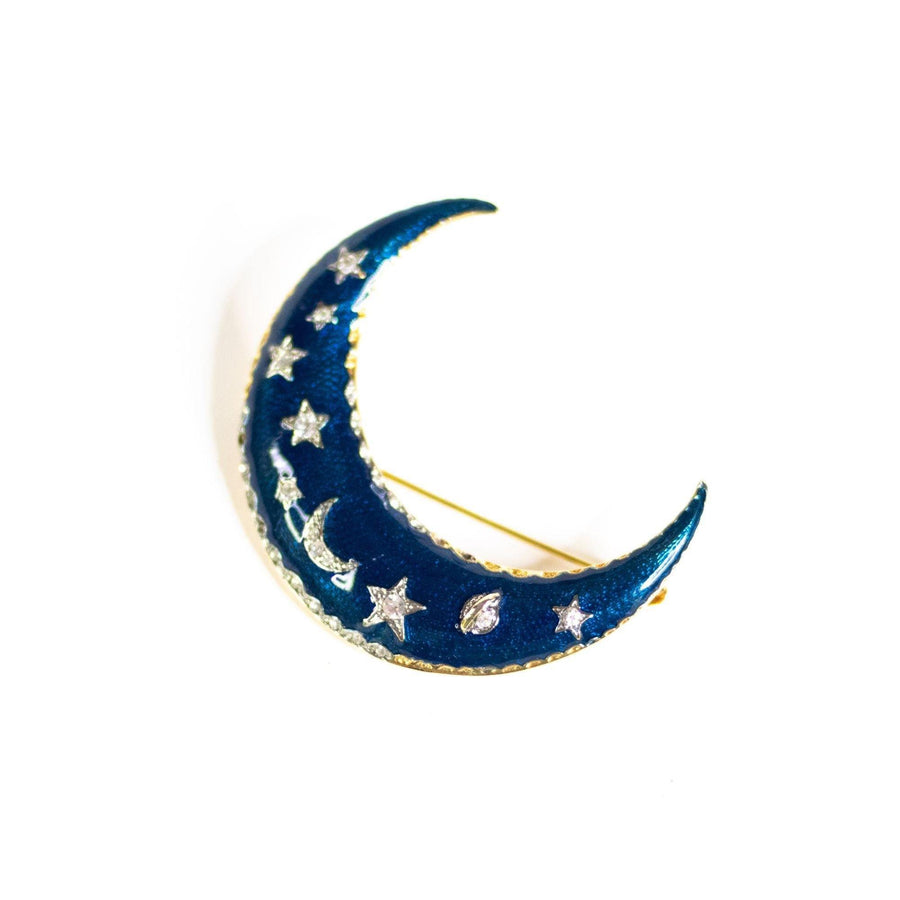 Celestial Blue Moon Brooch with Diamante Rhinestones Stars by Vintage Meet Modern - Vintage Meet Modern Vintage Jewelry - Chicago, Illinois - #oldhollywoodglamour #vintagemeetmodern #designervintage #jewelrybox #antiquejewelry #vintagejewelry