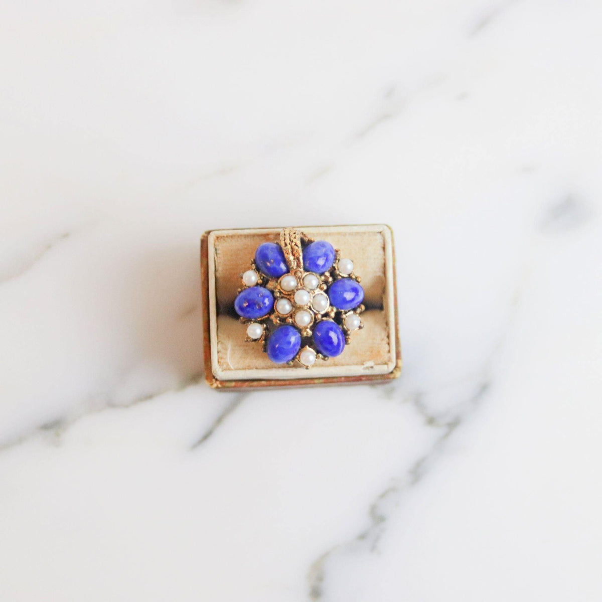 Vintage Florenza Lapis Glass and Faux Pearl Statement Ring