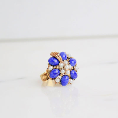 Vintage Florenza Lapis Glass and Faux Pearl Statement Ring by Florenza - Vintage Meet Modern Vintage Jewelry - Chicago, Illinois - #oldhollywoodglamour #vintagemeetmodern #designervintage #jewelrybox #antiquejewelry #vintagejewelry