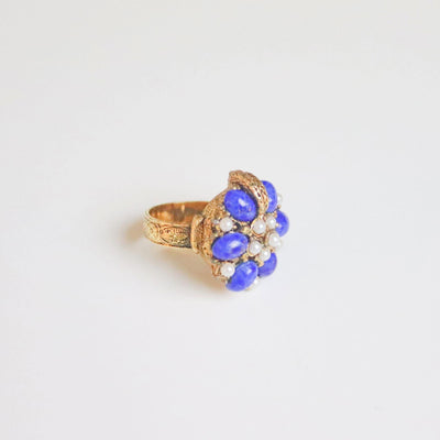 Vintage Florenza Lapis Glass and Faux Pearl Statement Ring by Florenza - Vintage Meet Modern Vintage Jewelry - Chicago, Illinois - #oldhollywoodglamour #vintagemeetmodern #designervintage #jewelrybox #antiquejewelry #vintagejewelry