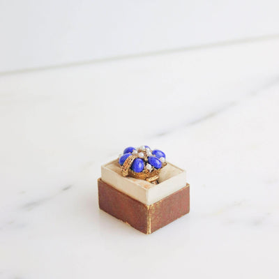 Vintage Florenza Lapis Glass and Faux Pearl Statement Ring by Florenza - Vintage Meet Modern Vintage Jewelry - Chicago, Illinois - #oldhollywoodglamour #vintagemeetmodern #designervintage #jewelrybox #antiquejewelry #vintagejewelry