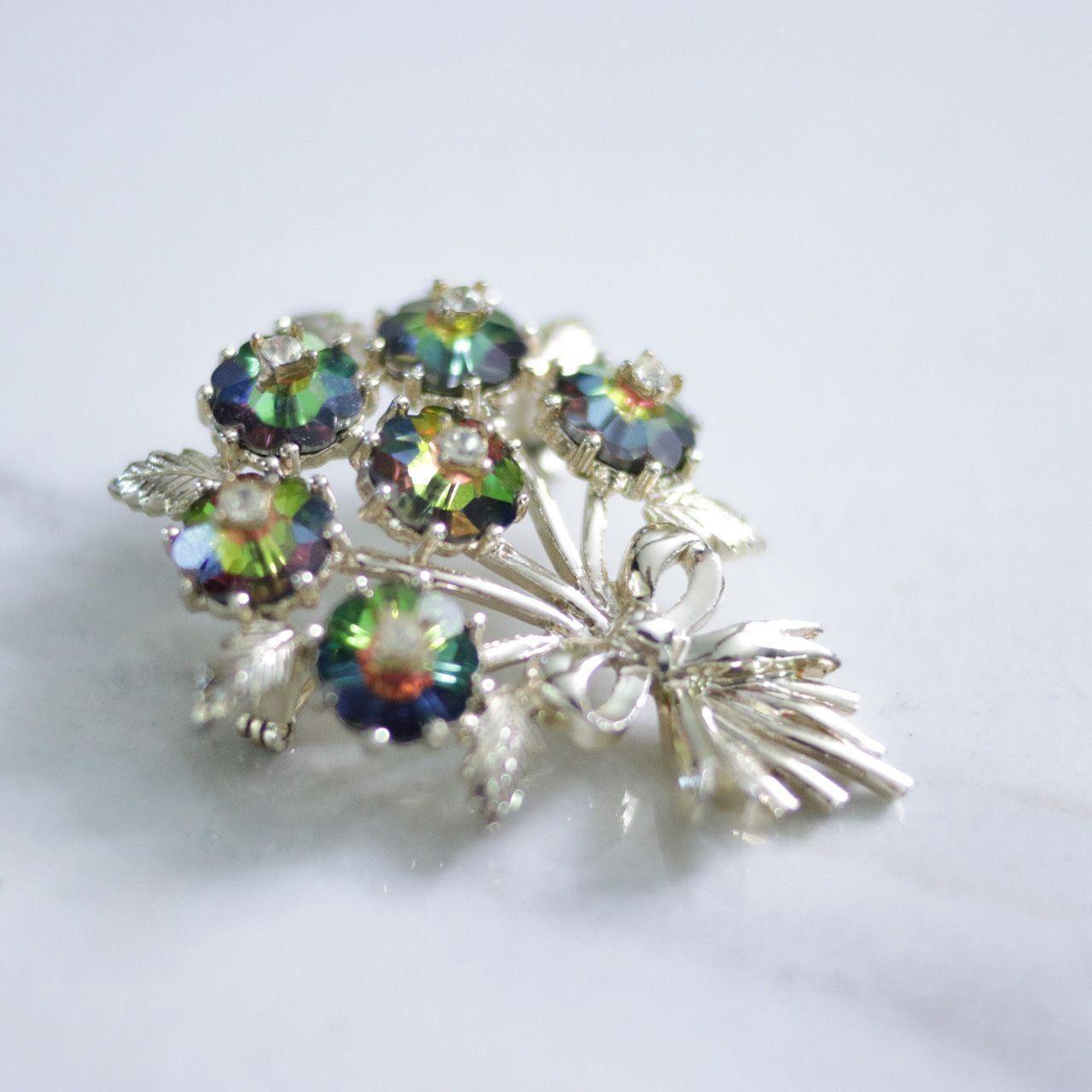 Vintage Emmons Rainbow Heliotrope Rhinestone Bouquet Brooch by Emmons - Vintage Meet Modern Vintage Jewelry - Chicago, Illinois - #oldhollywoodglamour #vintagemeetmodern #designervintage #jewelrybox #antiquejewelry #vintagejewelry