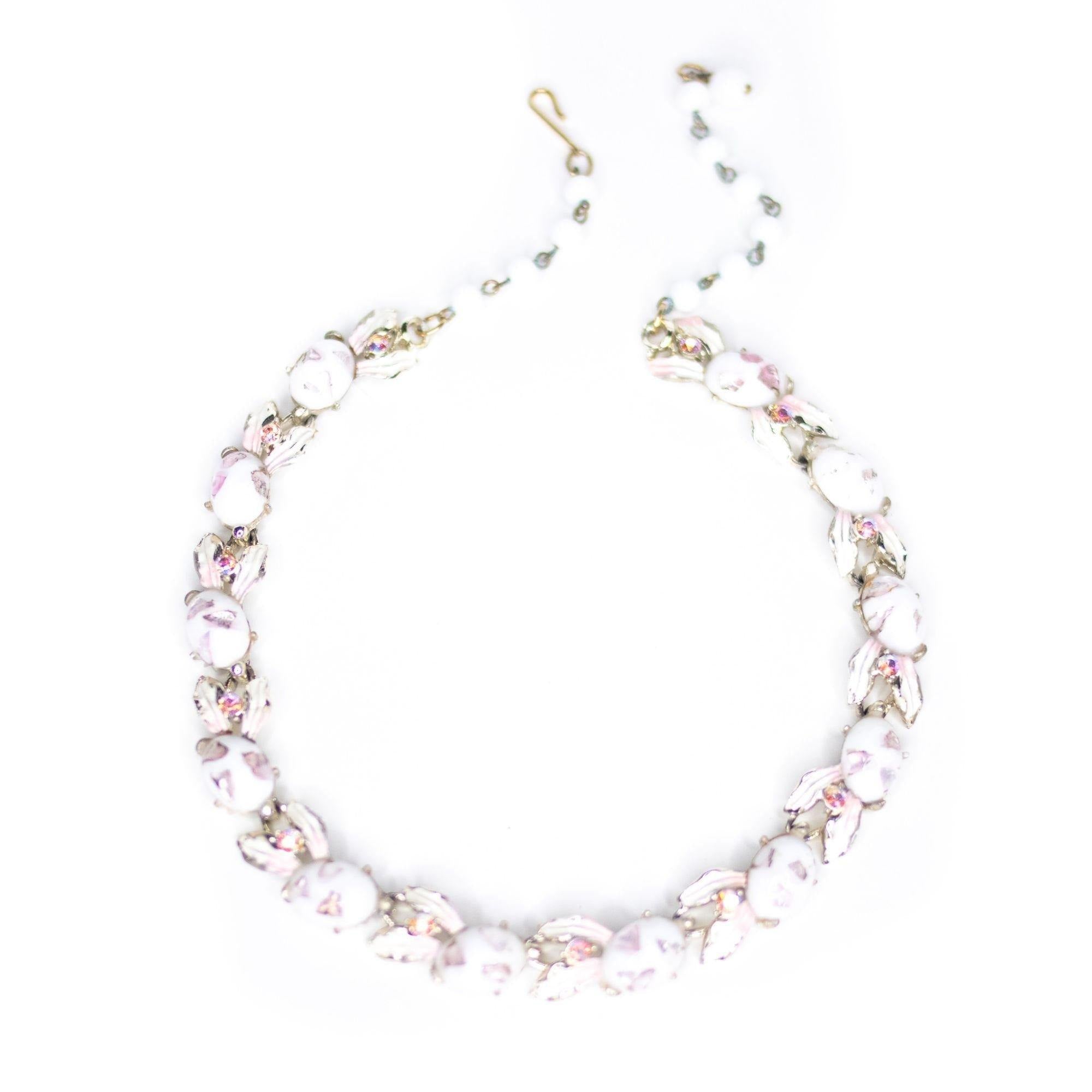 Vintage White Confetti Lucite with Iridescent Pink Specks Necklace by Coro - Vintage Meet Modern Vintage Jewelry - Chicago, Illinois - #oldhollywoodglamour #vintagemeetmodern #designervintage #jewelrybox #antiquejewelry #vintagejewelry