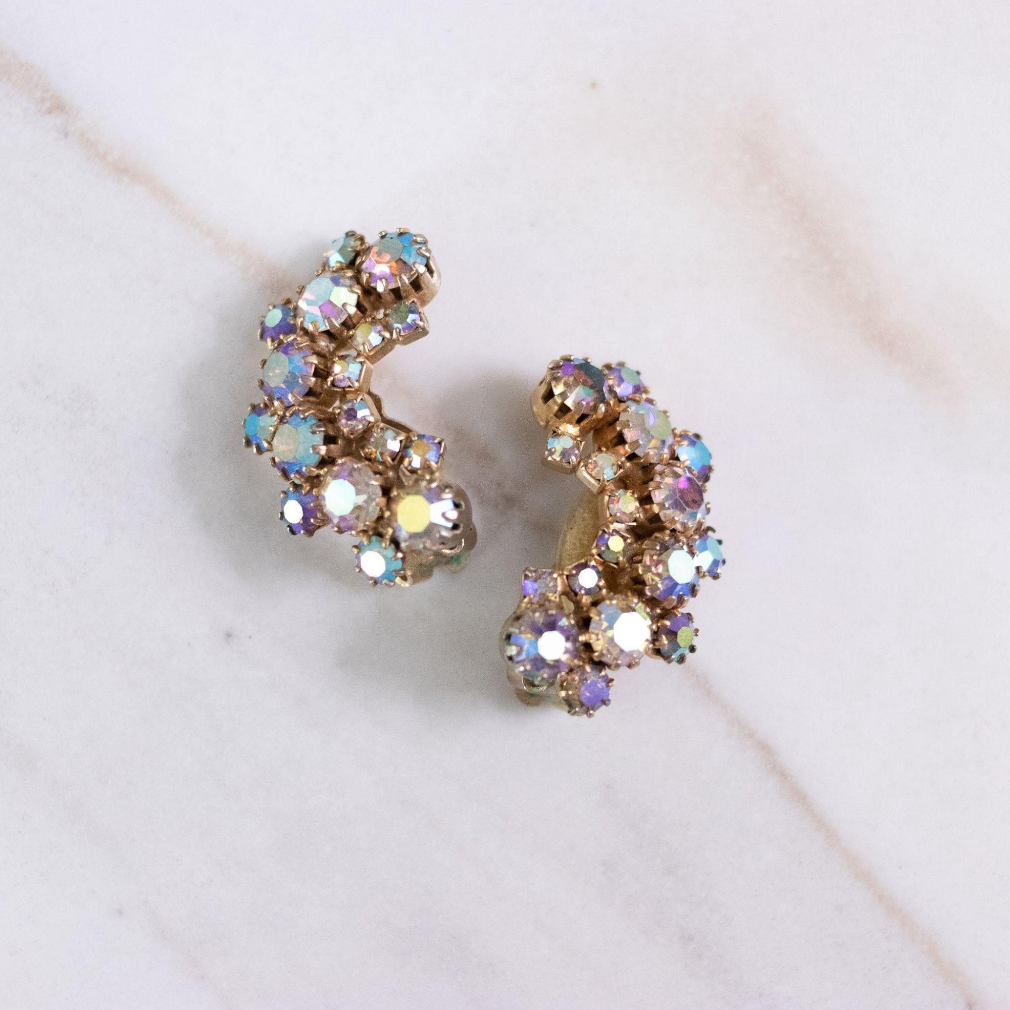 Vintage Golden Aurora Borealis Ear Crawler Earrings by Unsigned Beauty - Vintage Meet Modern Vintage Jewelry - Chicago, Illinois - #oldhollywoodglamour #vintagemeetmodern #designervintage #jewelrybox #antiquejewelry #vintagejewelry