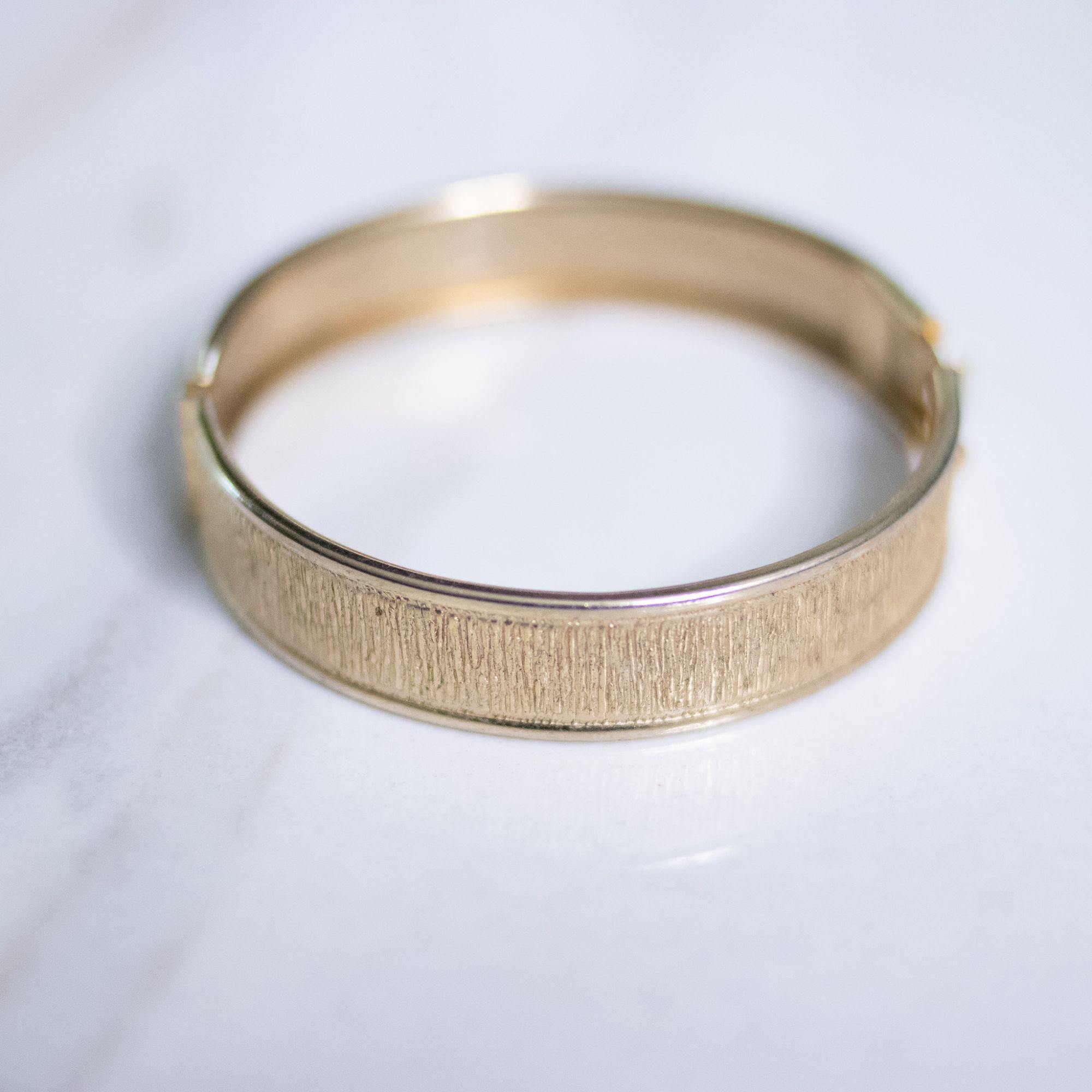 Vintage Gold Brushed Tone Hinged Bangle Bracelet by Unsigned Beauty - Vintage Meet Modern Vintage Jewelry - Chicago, Illinois - #oldhollywoodglamour #vintagemeetmodern #designervintage #jewelrybox #antiquejewelry #vintagejewelry
