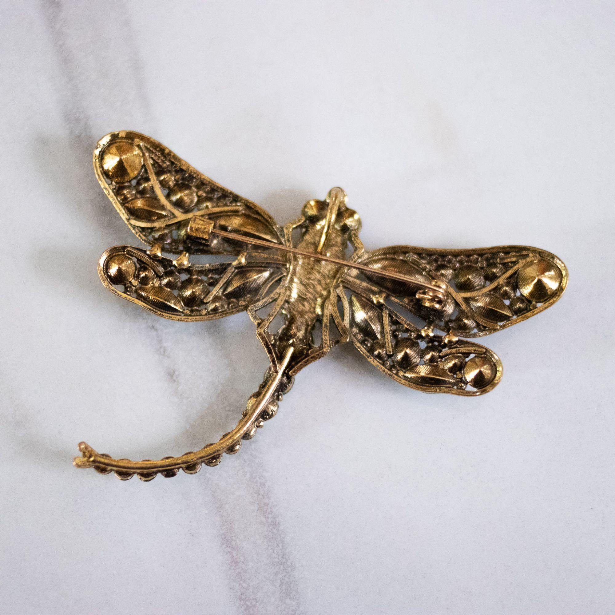 Vintage Dragonfly Brooch Blue and Green Rhinestones by Unsigned Beauty - Vintage Meet Modern Vintage Jewelry - Chicago, Illinois - #oldhollywoodglamour #vintagemeetmodern #designervintage #jewelrybox #antiquejewelry #vintagejewelry