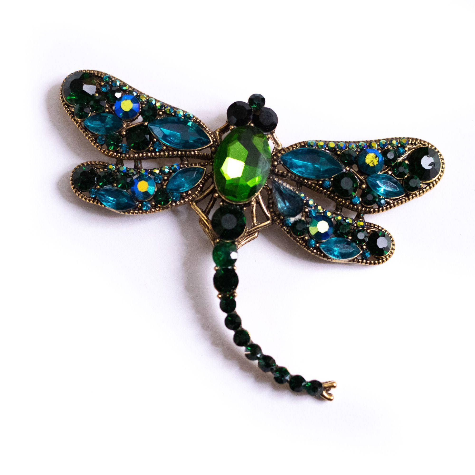Vintage Dragonfly Brooch Blue and Green Rhinestones by Unsigned Beauty - Vintage Meet Modern Vintage Jewelry - Chicago, Illinois - #oldhollywoodglamour #vintagemeetmodern #designervintage #jewelrybox #antiquejewelry #vintagejewelry