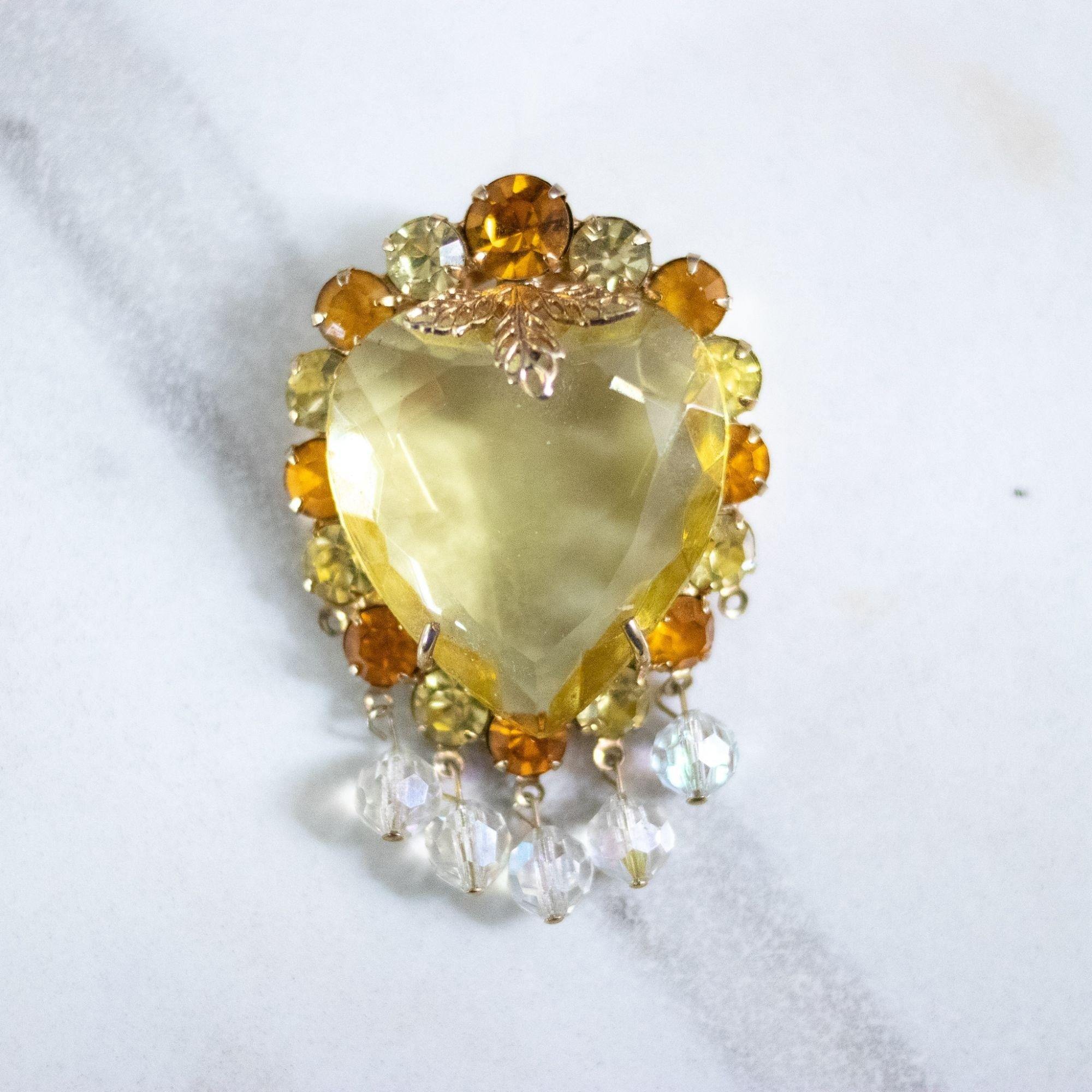 Vintage Yellow Crystal Heat Brooch with Cha Cha Aurora Borealis Crystal Beads by Unsigned Beauty - Vintage Meet Modern Vintage Jewelry - Chicago, Illinois - #oldhollywoodglamour #vintagemeetmodern #designervintage #jewelrybox #antiquejewelry #vintagejewelry