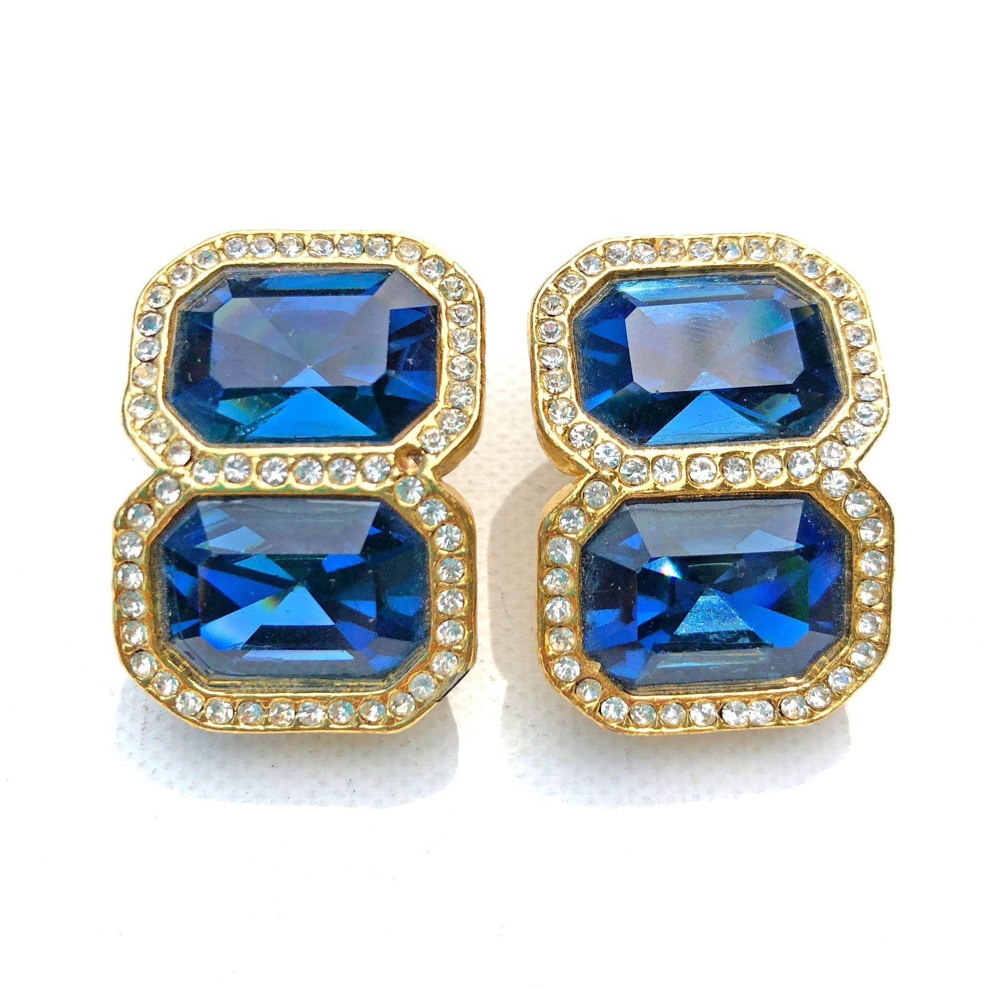 Vintage Sapphire Blue and Diamante Crystal Statement Earring by Vintage Meet Modern - Vintage Meet Modern Vintage Jewelry - Chicago, Illinois - #oldhollywoodglamour #vintagemeetmodern #designervintage #jewelrybox #antiquejewelry #vintagejewelry