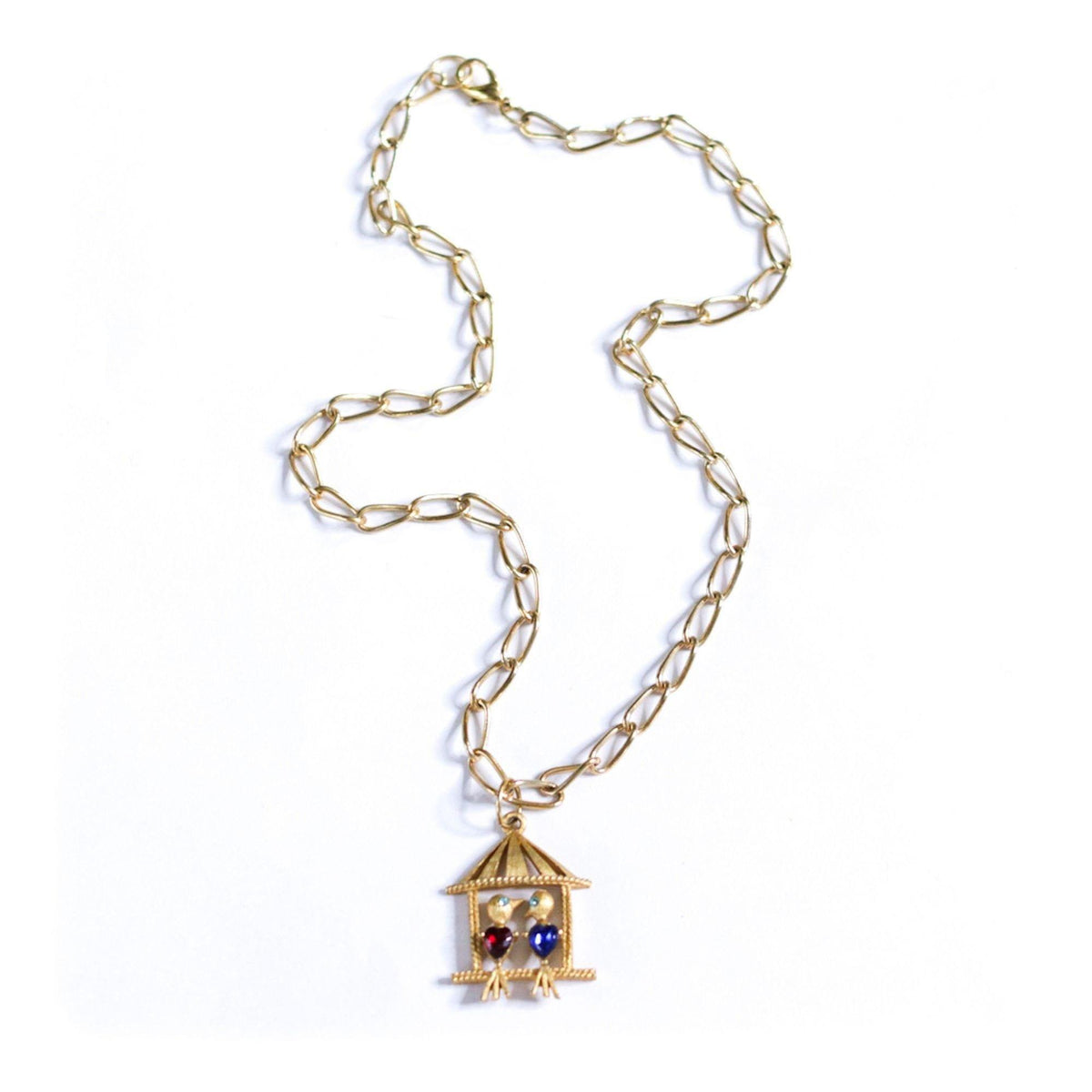 Vintage Little Lovebirds in a Birdhouse Pendant Statement Necklace