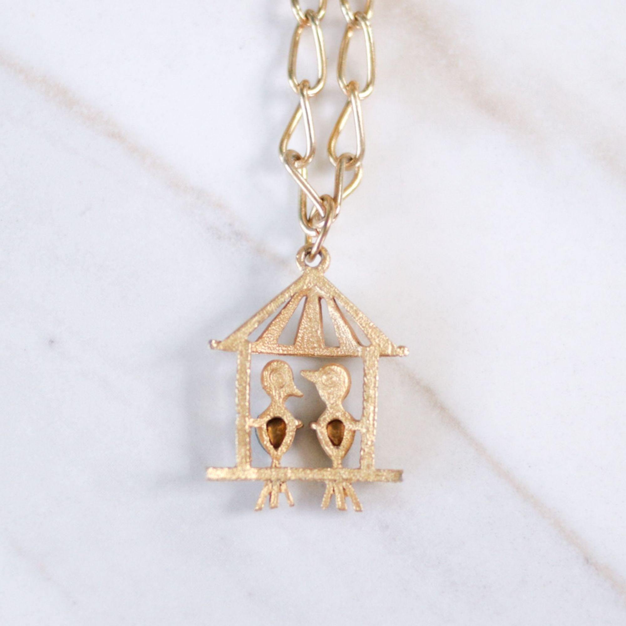 Vintage Little Lovebirds in a Birdhouse Pendant Statement Necklace by Unsigned Beauty - Vintage Meet Modern Vintage Jewelry - Chicago, Illinois - #oldhollywoodglamour #vintagemeetmodern #designervintage #jewelrybox #antiquejewelry #vintagejewelry