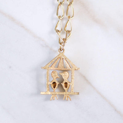 Vintage Little Lovebirds in a Birdhouse Pendant Statement Necklace by Unsigned Beauty - Vintage Meet Modern Vintage Jewelry - Chicago, Illinois - #oldhollywoodglamour #vintagemeetmodern #designervintage #jewelrybox #antiquejewelry #vintagejewelry