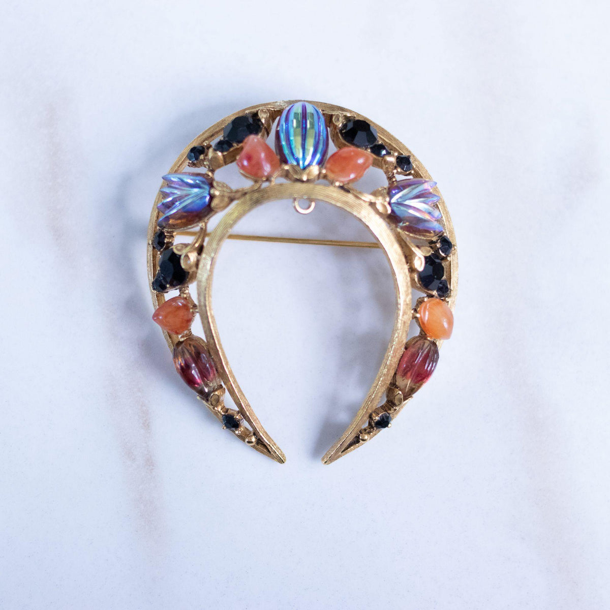 Vintage Florenza Carnival Glass, Carnelian, Jet Rhinestone Brooch