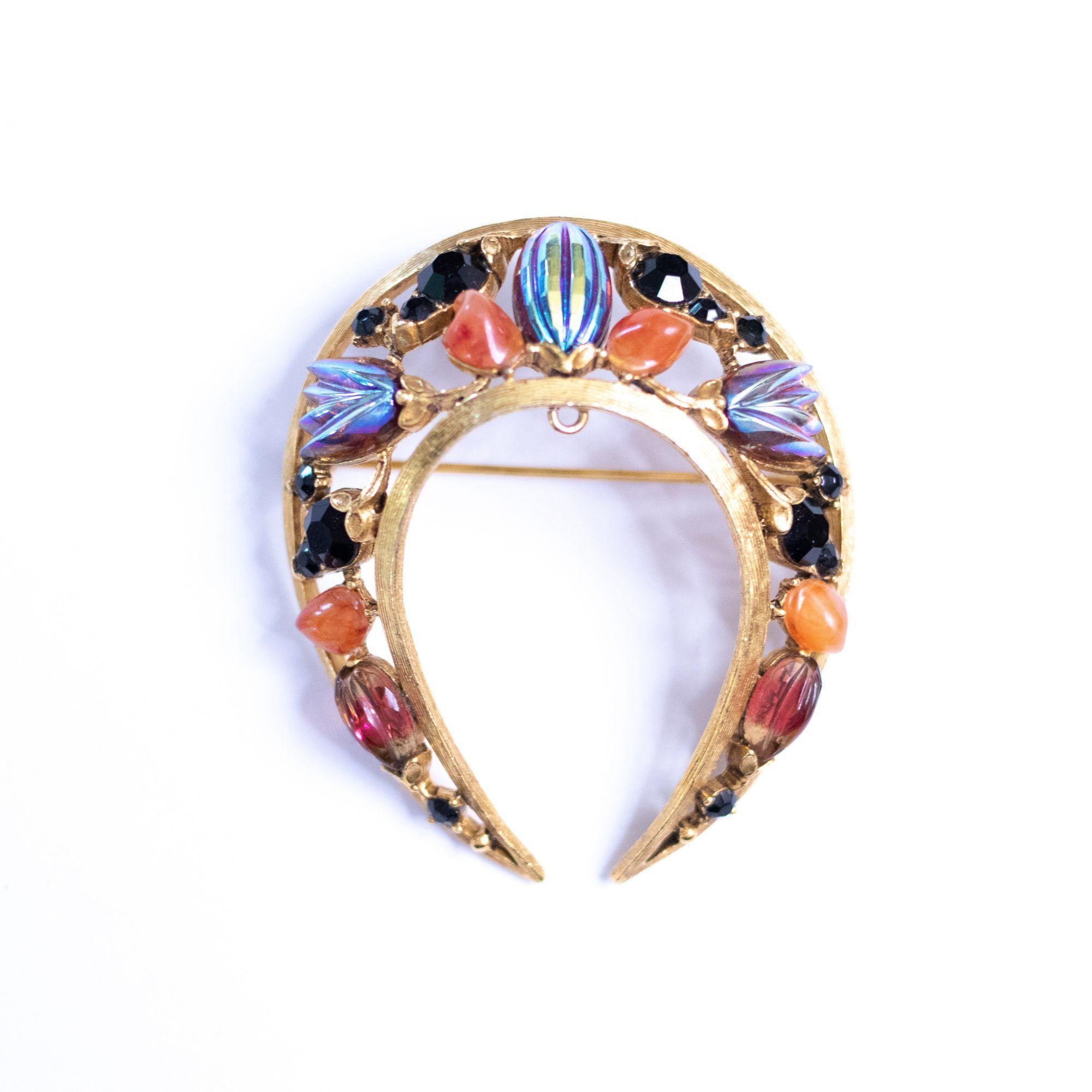 Vintage Florenza Carnival Glass, Carnelian, Jet Rhinestone Brooch by Florenza - Vintage Meet Modern Vintage Jewelry - Chicago, Illinois - #oldhollywoodglamour #vintagemeetmodern #designervintage #jewelrybox #antiquejewelry #vintagejewelry