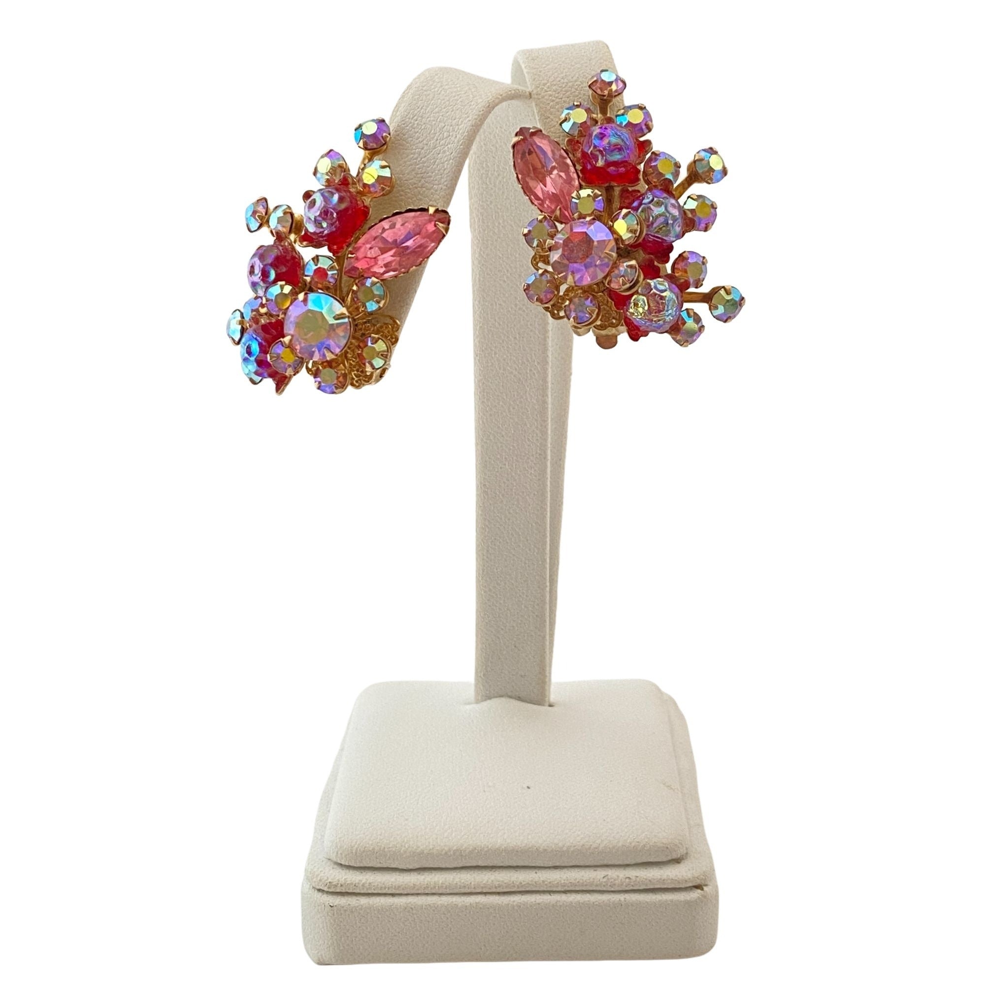 Vintage Red and Pink Aurora Borealis Rhinestone Statement Earrings by Unsigned Beauty - Vintage Meet Modern Vintage Jewelry - Chicago, Illinois - #oldhollywoodglamour #vintagemeetmodern #designervintage #jewelrybox #antiquejewelry #vintagejewelry