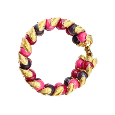 Vintage Gold Leaf Bracelet with Pink, Red, Purple Beads by Unsigned Beauty - Vintage Meet Modern Vintage Jewelry - Chicago, Illinois - #oldhollywoodglamour #vintagemeetmodern #designervintage #jewelrybox #antiquejewelry #vintagejewelry