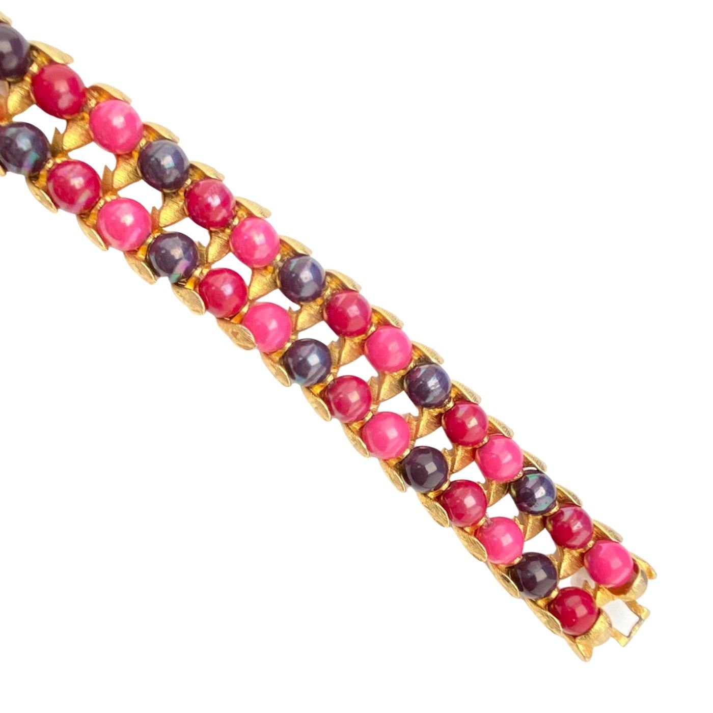 Vintage Gold Leaf Bracelet with Pink, Red, Purple Beads by Unsigned Beauty - Vintage Meet Modern Vintage Jewelry - Chicago, Illinois - #oldhollywoodglamour #vintagemeetmodern #designervintage #jewelrybox #antiquejewelry #vintagejewelry