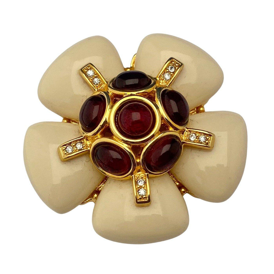 Joan Rivers Cream Flower Brooch with Garnet Lucite Cabochons by Joan Rivers - Vintage Meet Modern Vintage Jewelry - Chicago, Illinois - #oldhollywoodglamour #vintagemeetmodern #designervintage #jewelrybox #antiquejewelry #vintagejewelry