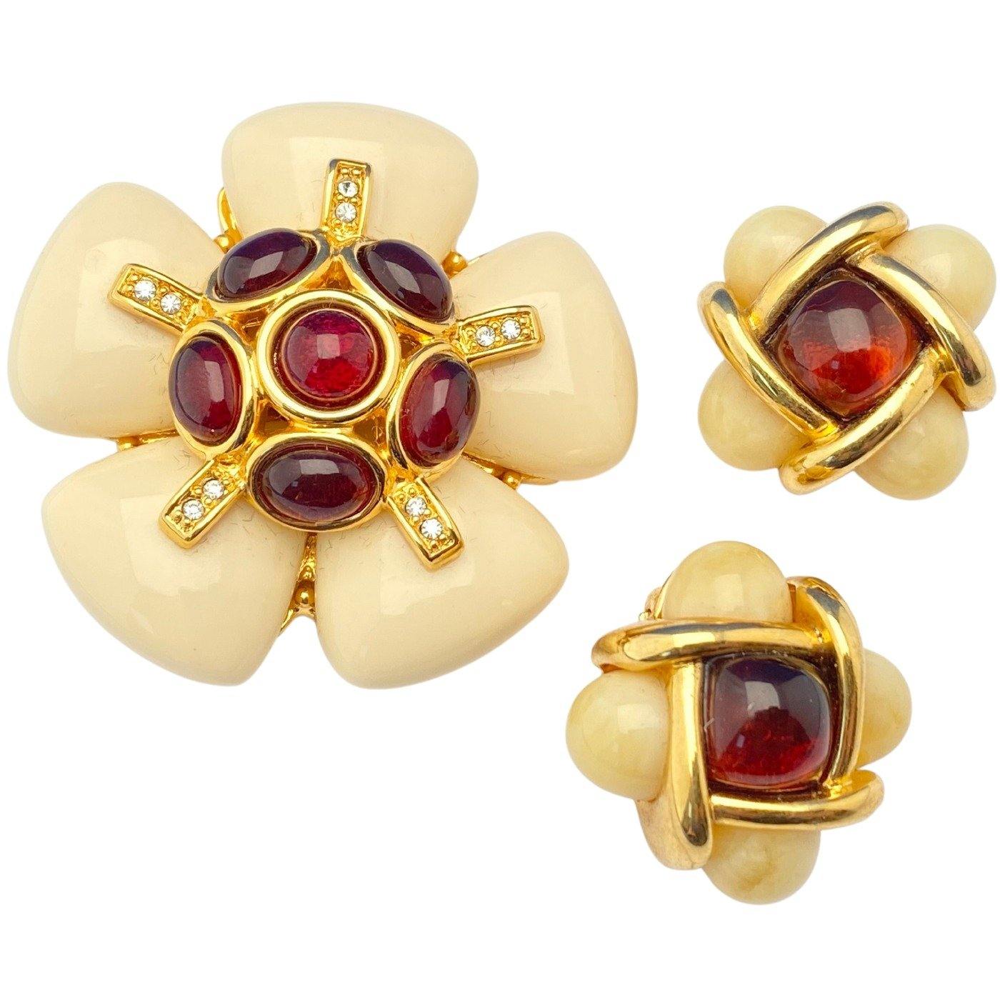 Joan Rivers Cream Flower Brooch with Garnet Lucite Cabochons by Joan Rivers - Vintage Meet Modern Vintage Jewelry - Chicago, Illinois - #oldhollywoodglamour #vintagemeetmodern #designervintage #jewelrybox #antiquejewelry #vintagejewelry