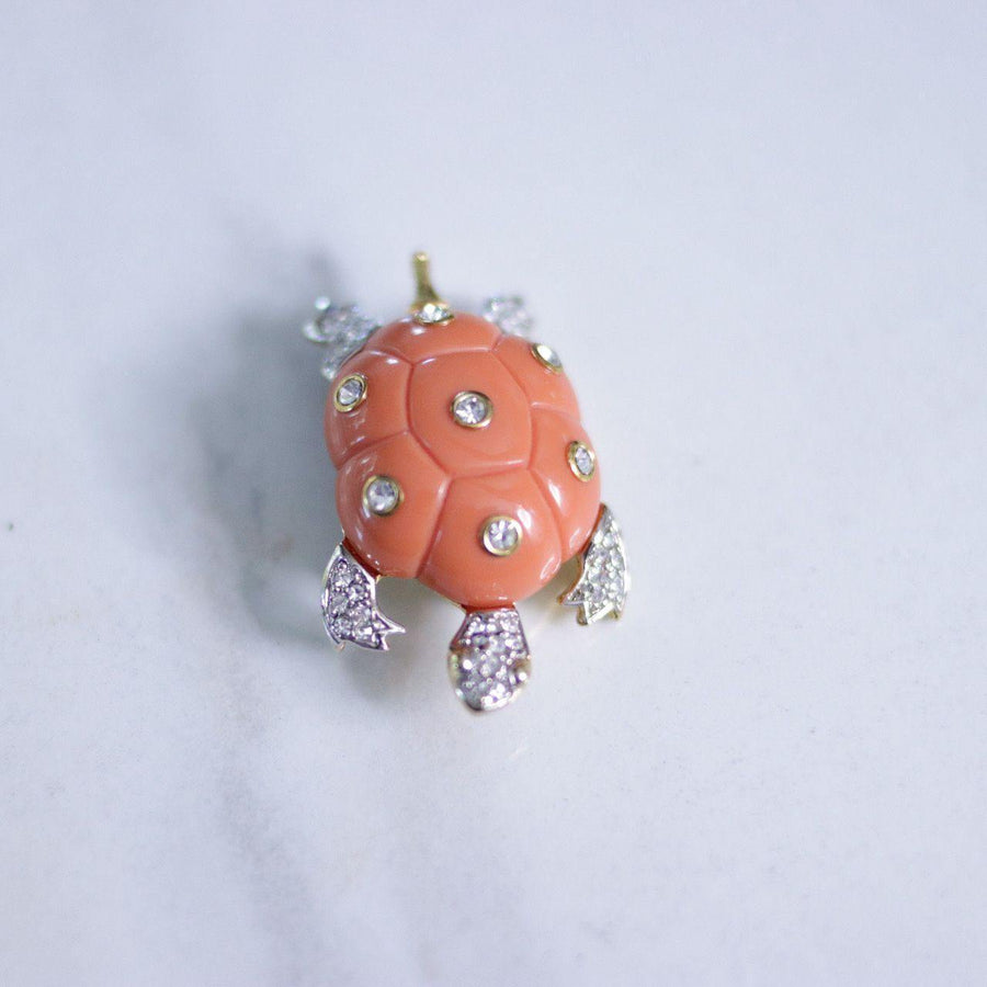 Vintage Kenneth Lane Coral Lucite and Rhinestone Turtle Brooch by Kenneth Lane - Vintage Meet Modern Vintage Jewelry - Chicago, Illinois - #oldhollywoodglamour #vintagemeetmodern #designervintage #jewelrybox #antiquejewelry #vintagejewelry