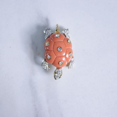 Vintage Kenneth Lane Coral Lucite and Rhinestone Turtle Brooch by Kenneth Lane - Vintage Meet Modern Vintage Jewelry - Chicago, Illinois - #oldhollywoodglamour #vintagemeetmodern #designervintage #jewelrybox #antiquejewelry #vintagejewelry