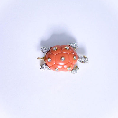 Vintage Kenneth Lane Coral Lucite and Rhinestone Turtle Brooch by Kenneth Lane - Vintage Meet Modern Vintage Jewelry - Chicago, Illinois - #oldhollywoodglamour #vintagemeetmodern #designervintage #jewelrybox #antiquejewelry #vintagejewelry