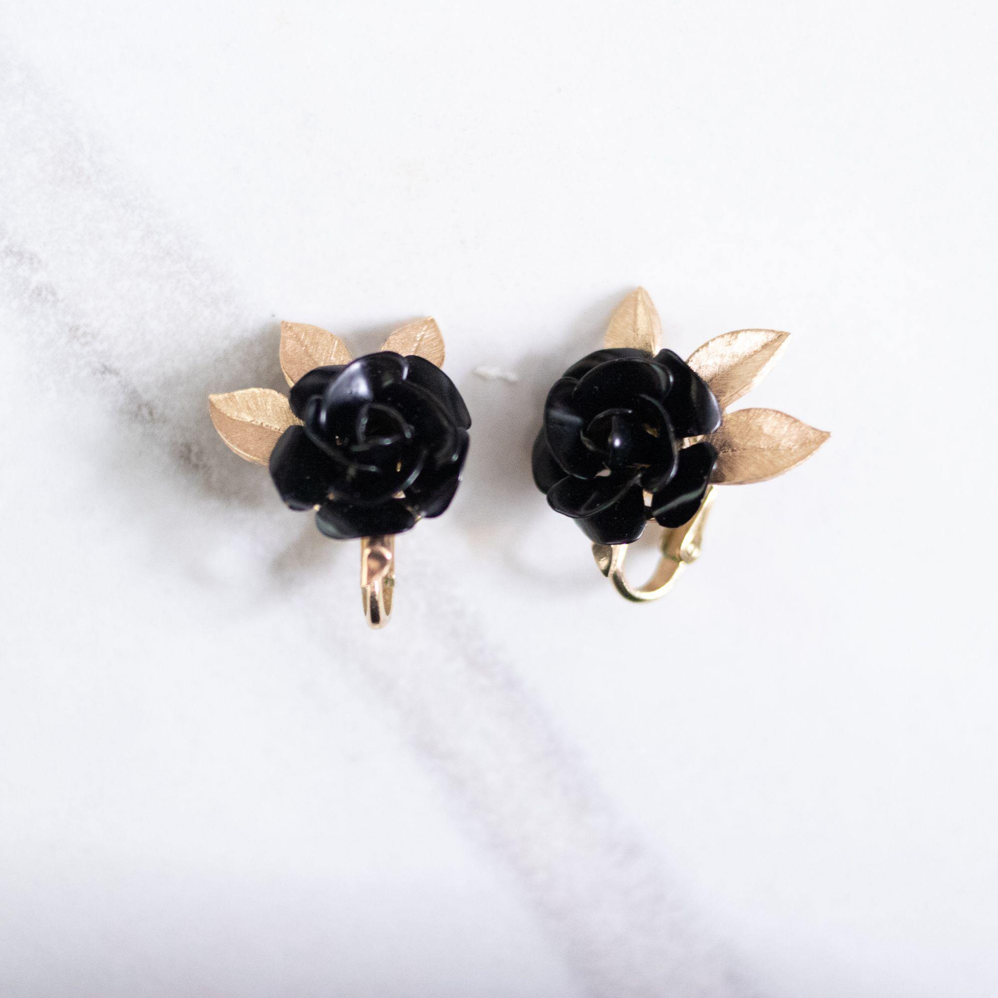 Vintage Crown Trifari Black Rose Earrings by Crown Trifari - Vintage Meet Modern Vintage Jewelry - Chicago, Illinois - #oldhollywoodglamour #vintagemeetmodern #designervintage #jewelrybox #antiquejewelry #vintagejewelry