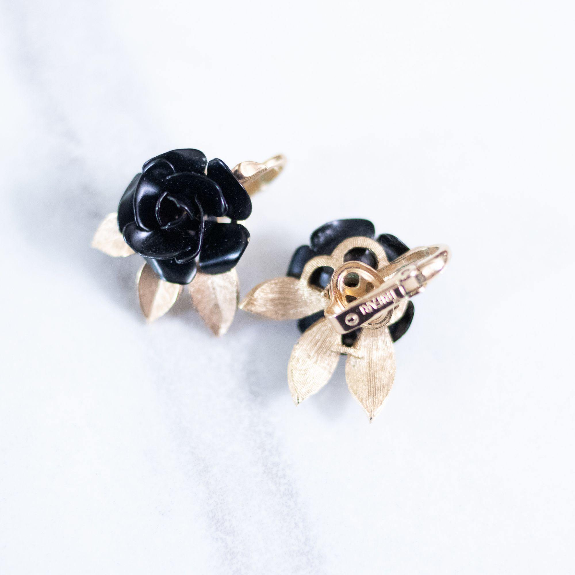 Vintage Crown Trifari Black Rose Earrings by Crown Trifari - Vintage Meet Modern Vintage Jewelry - Chicago, Illinois - #oldhollywoodglamour #vintagemeetmodern #designervintage #jewelrybox #antiquejewelry #vintagejewelry