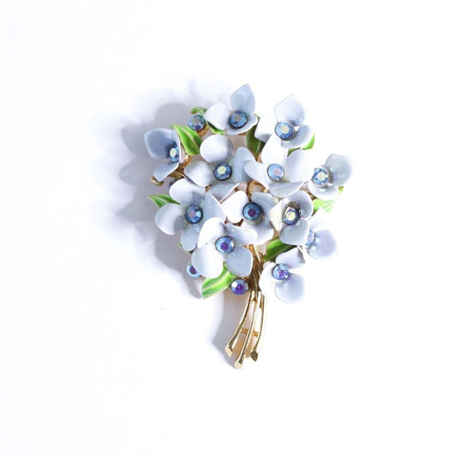 Vintage Baby Blue Forget Me Knot Floral Brooch with Blue Rhinestones by Unsigned Beauty - Vintage Meet Modern Vintage Jewelry - Chicago, Illinois - #oldhollywoodglamour #vintagemeetmodern #designervintage #jewelrybox #antiquejewelry #vintagejewelry