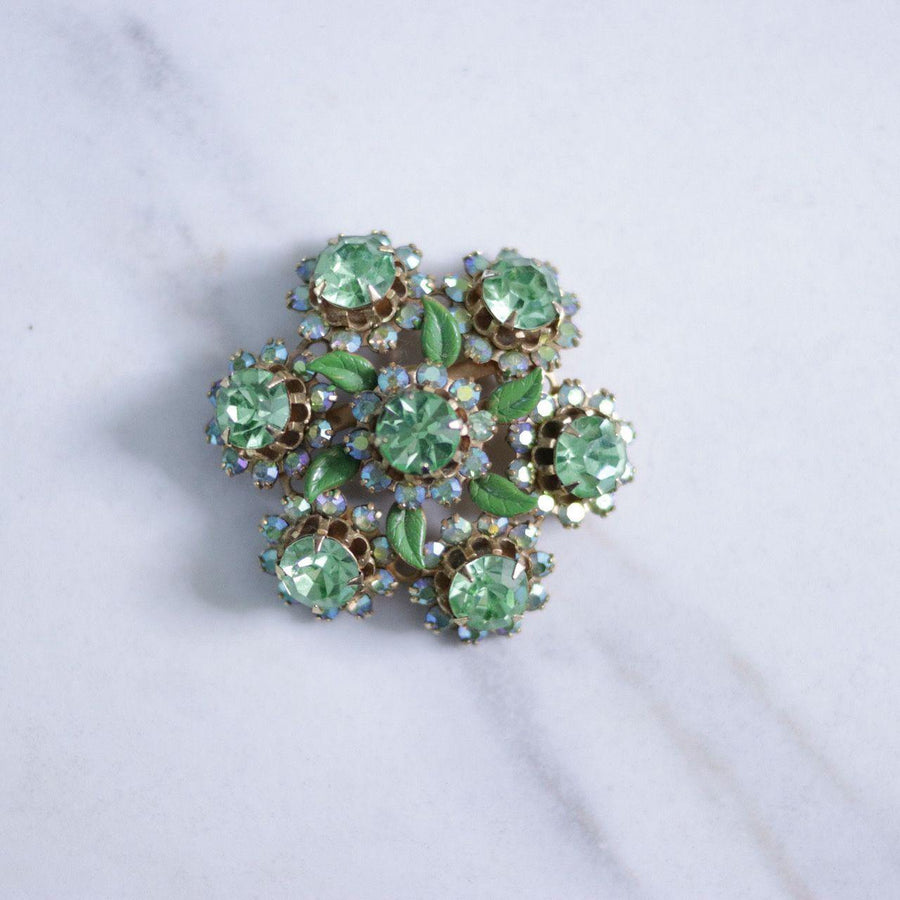 Vintage Green and Aurora Borealis Rhinestone Brooch by Unsigned Beauty - Vintage Meet Modern Vintage Jewelry - Chicago, Illinois - #oldhollywoodglamour #vintagemeetmodern #designervintage #jewelrybox #antiquejewelry #vintagejewelry