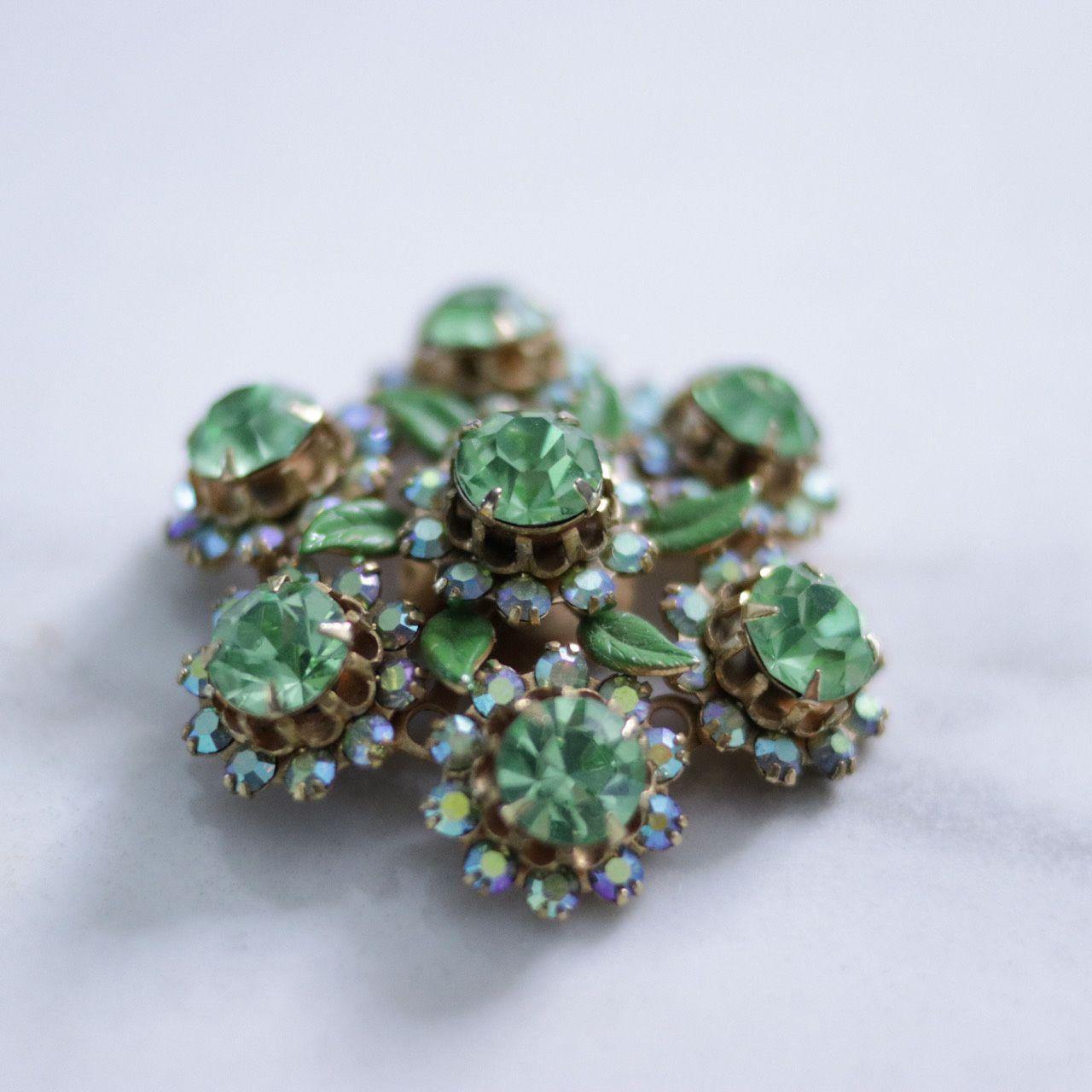 Vintage Green and Aurora Borealis Rhinestone Brooch by Unsigned Beauty - Vintage Meet Modern Vintage Jewelry - Chicago, Illinois - #oldhollywoodglamour #vintagemeetmodern #designervintage #jewelrybox #antiquejewelry #vintagejewelry