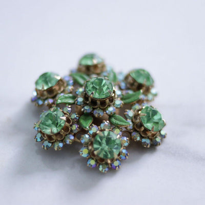 Vintage Green and Aurora Borealis Rhinestone Brooch by Unsigned Beauty - Vintage Meet Modern Vintage Jewelry - Chicago, Illinois - #oldhollywoodglamour #vintagemeetmodern #designervintage #jewelrybox #antiquejewelry #vintagejewelry