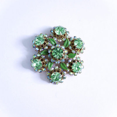 Vintage Green and Aurora Borealis Rhinestone Brooch by Unsigned Beauty - Vintage Meet Modern Vintage Jewelry - Chicago, Illinois - #oldhollywoodglamour #vintagemeetmodern #designervintage #jewelrybox #antiquejewelry #vintagejewelry