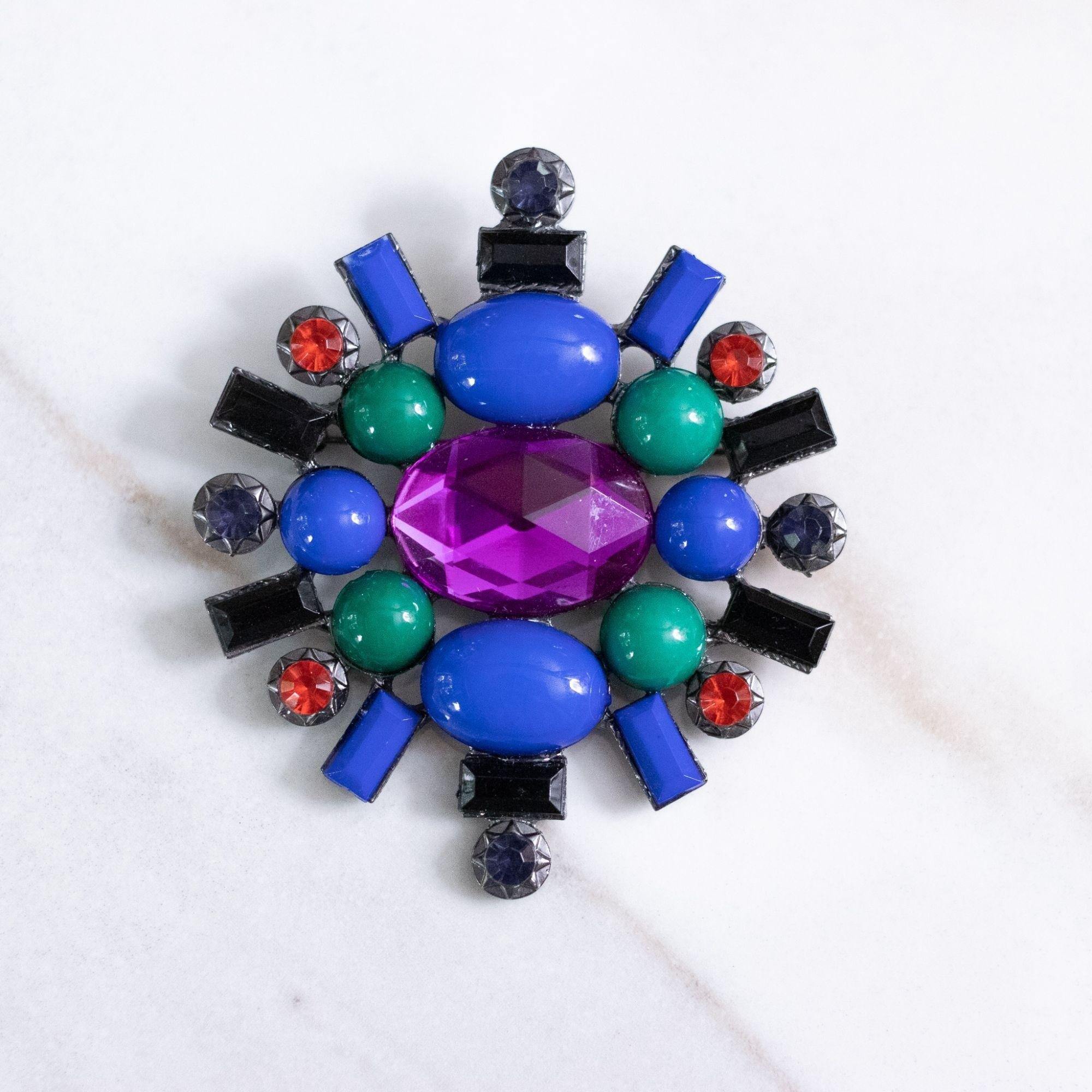 Vintage Blue, Green, Jet, Purple, and Red Rhinestone Brooch by Unsigned Beauty - Vintage Meet Modern Vintage Jewelry - Chicago, Illinois - #oldhollywoodglamour #vintagemeetmodern #designervintage #jewelrybox #antiquejewelry #vintagejewelry