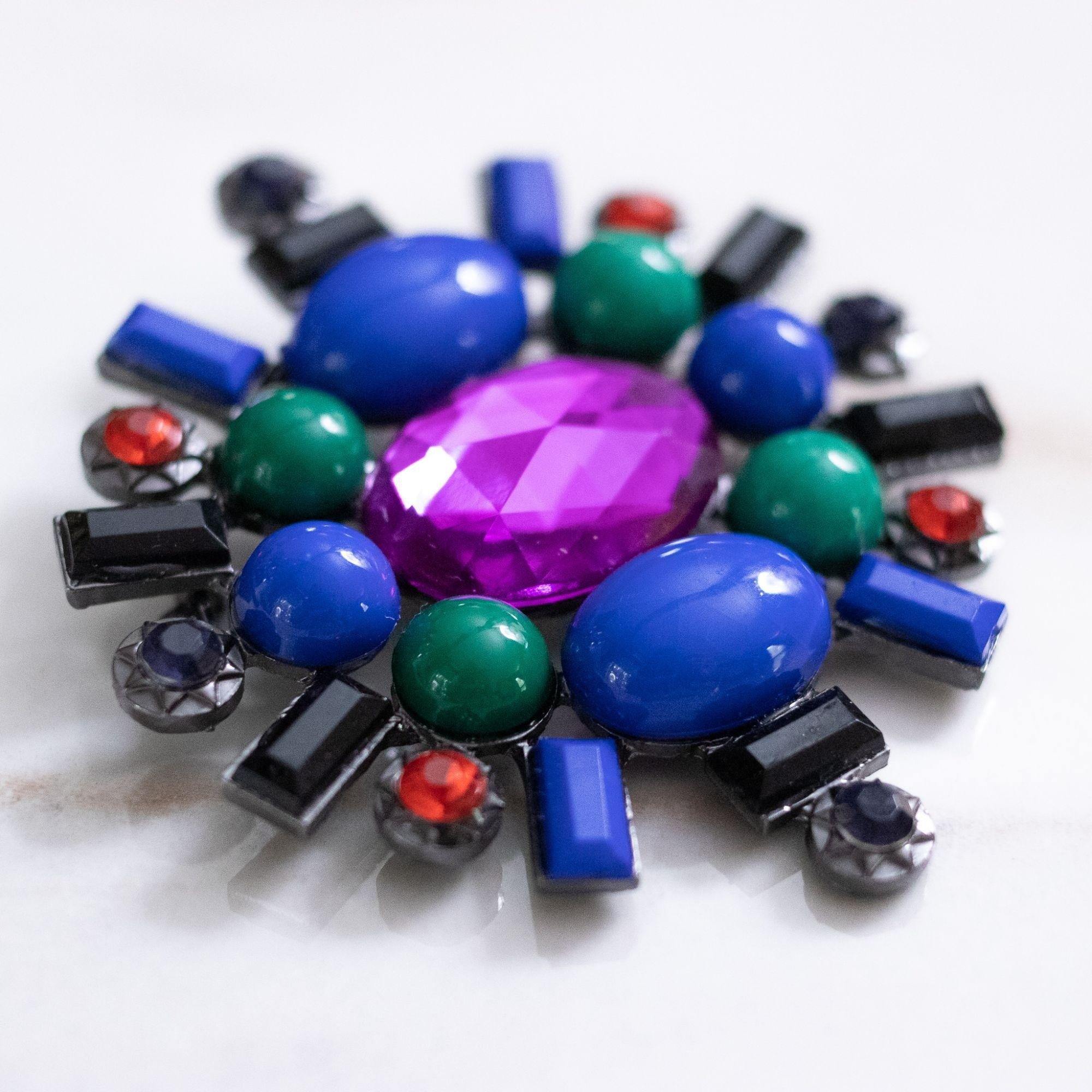 Vintage Blue, Green, Jet, Purple, and Red Rhinestone Brooch by Unsigned Beauty - Vintage Meet Modern Vintage Jewelry - Chicago, Illinois - #oldhollywoodglamour #vintagemeetmodern #designervintage #jewelrybox #antiquejewelry #vintagejewelry
