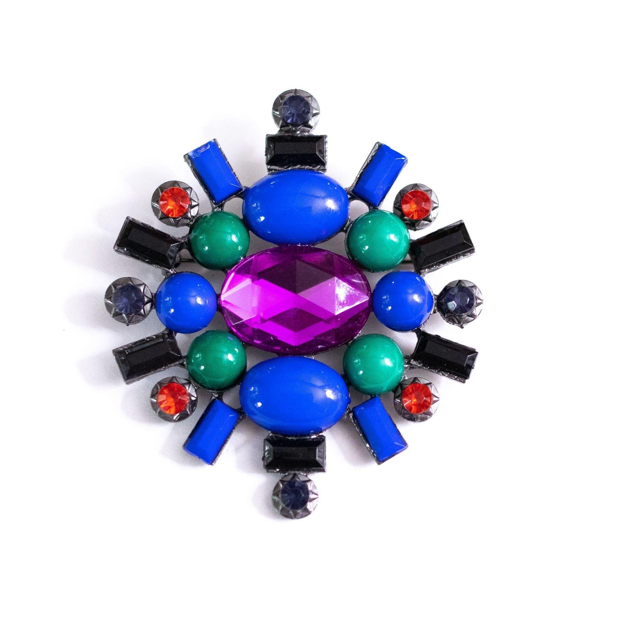 Vintage Blue, Green, Jet, Purple, and Red Rhinestone Brooch by Unsigned Beauty - Vintage Meet Modern Vintage Jewelry - Chicago, Illinois - #oldhollywoodglamour #vintagemeetmodern #designervintage #jewelrybox #antiquejewelry #vintagejewelry