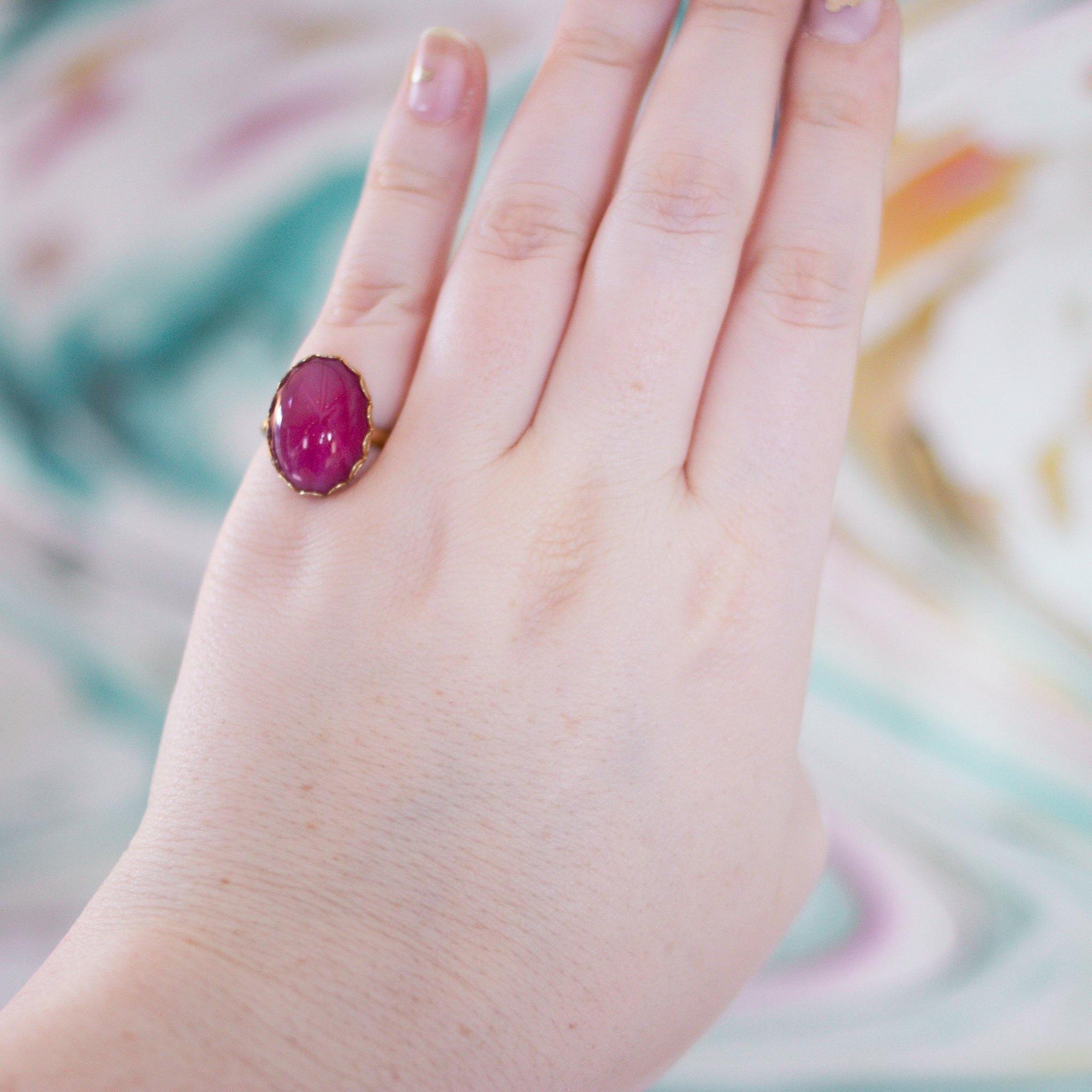 Vintage 1950s Pink Glass Star Sapphire Statement Ring by Vintage Meet Modern - Vintage Meet Modern Vintage Jewelry - Chicago, Illinois - #oldhollywoodglamour #vintagemeetmodern #designervintage #jewelrybox #antiquejewelry #vintagejewelry