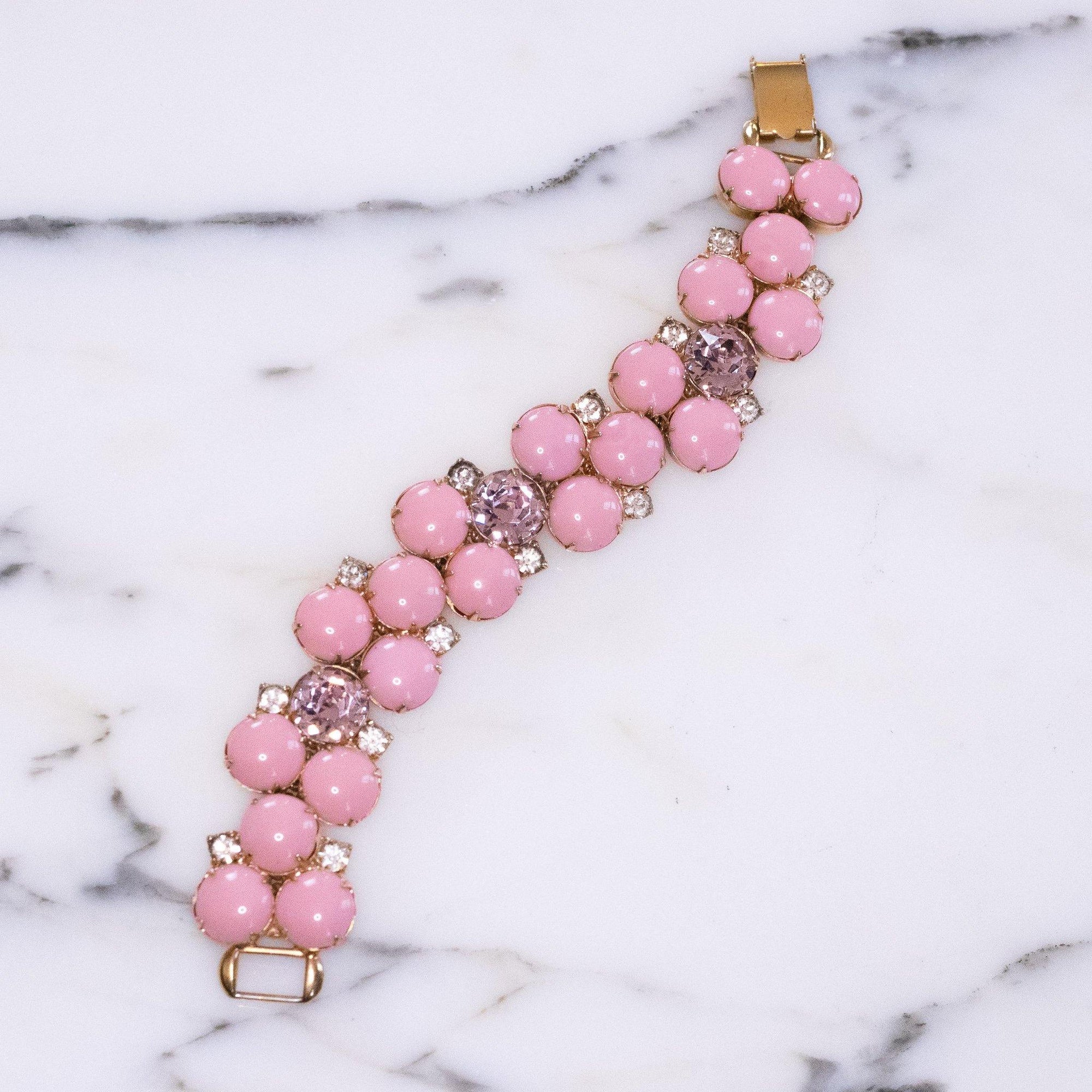 Vintage Hobe Pink Glass Cabochon and Alexandrite Rhinestone Bracelet by Hobe - Vintage Meet Modern Vintage Jewelry - Chicago, Illinois - #oldhollywoodglamour #vintagemeetmodern #designervintage #jewelrybox #antiquejewelry #vintagejewelry