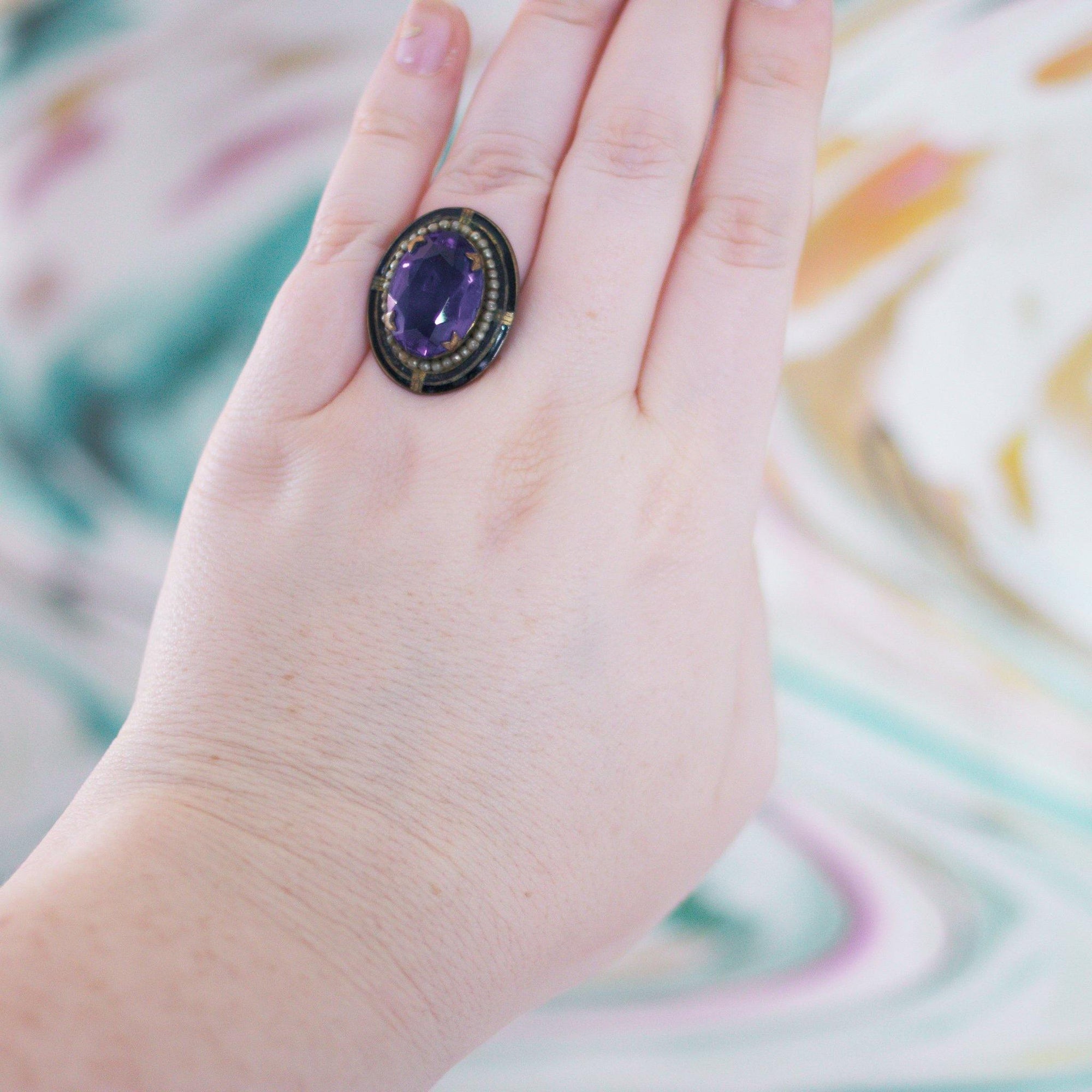 Vintage Blue Victorian Revival Style Statement Ring With faux Pearl Halo by Vintage Meet Modern - Vintage Meet Modern Vintage Jewelry - Chicago, Illinois - #oldhollywoodglamour #vintagemeetmodern #designervintage #jewelrybox #antiquejewelry #vintagejewelry