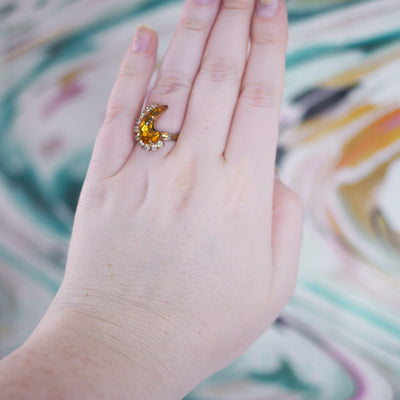 Vintage 1950s Yellow Crystal Crescent Cocktail Statement Ring by 1950s - Vintage Meet Modern Vintage Jewelry - Chicago, Illinois - #oldhollywoodglamour #vintagemeetmodern #designervintage #jewelrybox #antiquejewelry #vintagejewelry