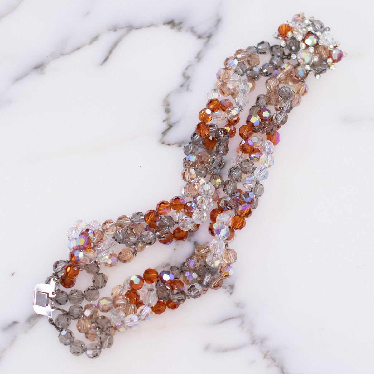Vintage Vendome Looped Aurora Borealis, Amber, and Smoke Faceted Crystal Bead Bracelet with Rhinestones Clasp