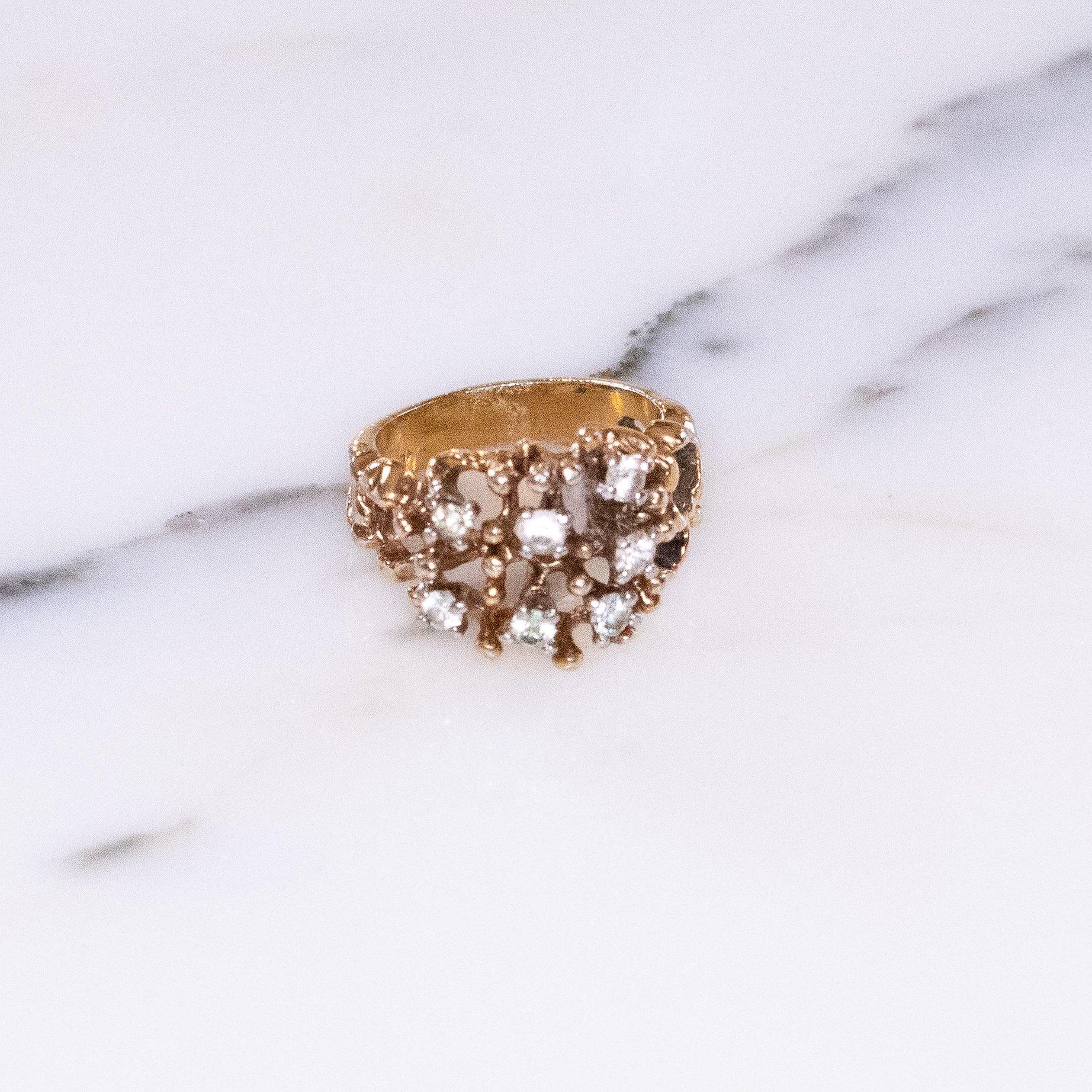 Vintage Brutalist Modern Gold Ring with Crystals by Vintage Meet Modern - Vintage Meet Modern Vintage Jewelry - Chicago, Illinois - #oldhollywoodglamour #vintagemeetmodern #designervintage #jewelrybox #antiquejewelry #vintagejewelry