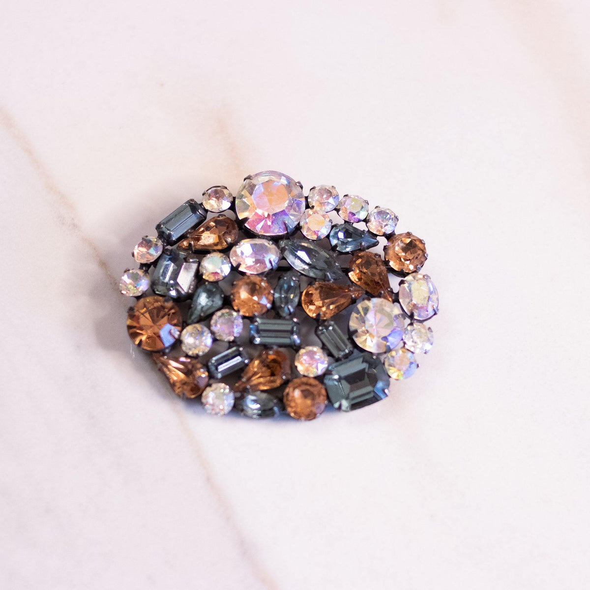 Vintage Weiss Amber, Aurora Borealis, and Smoke Rhinestone Brooch