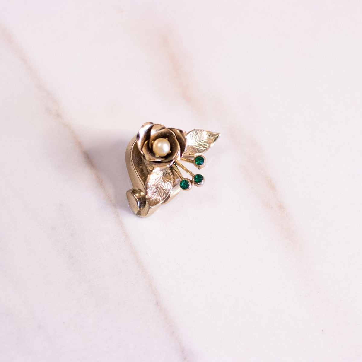 Vintage Coro Petite Gold Rose with Pearl and Emerald Green Rhinestone Brooch