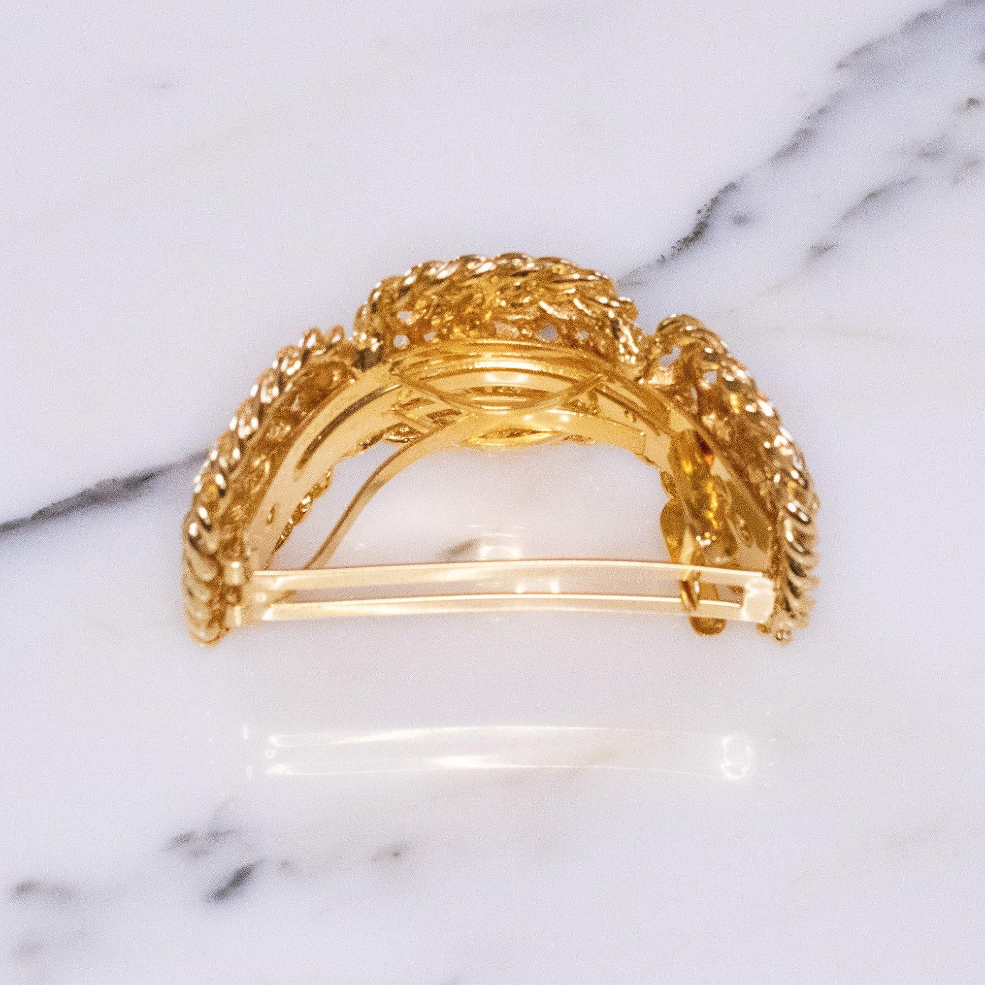 Vintage Made in France Large Gold Knot Design Large Curved Barrette by Vintage Meet Modern - Vintage Meet Modern Vintage Jewelry - Chicago, Illinois - #oldhollywoodglamour #vintagemeetmodern #designervintage #jewelrybox #antiquejewelry #vintagejewelry